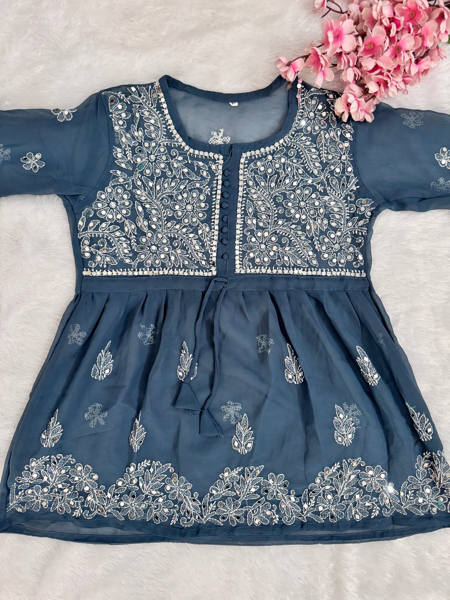 Georgette short mirror work chikankari kurti with matching liner