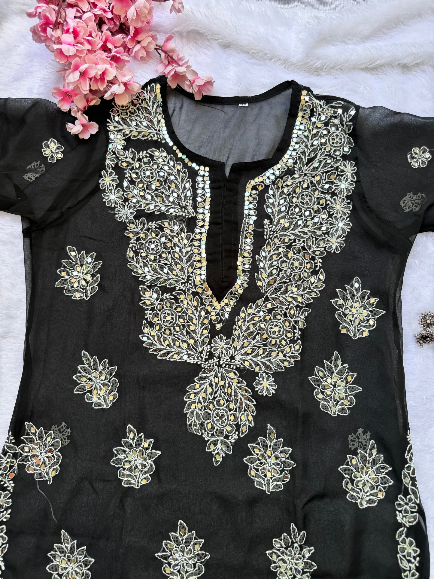 Georgette mirror work chikankari long kurta with matching liner