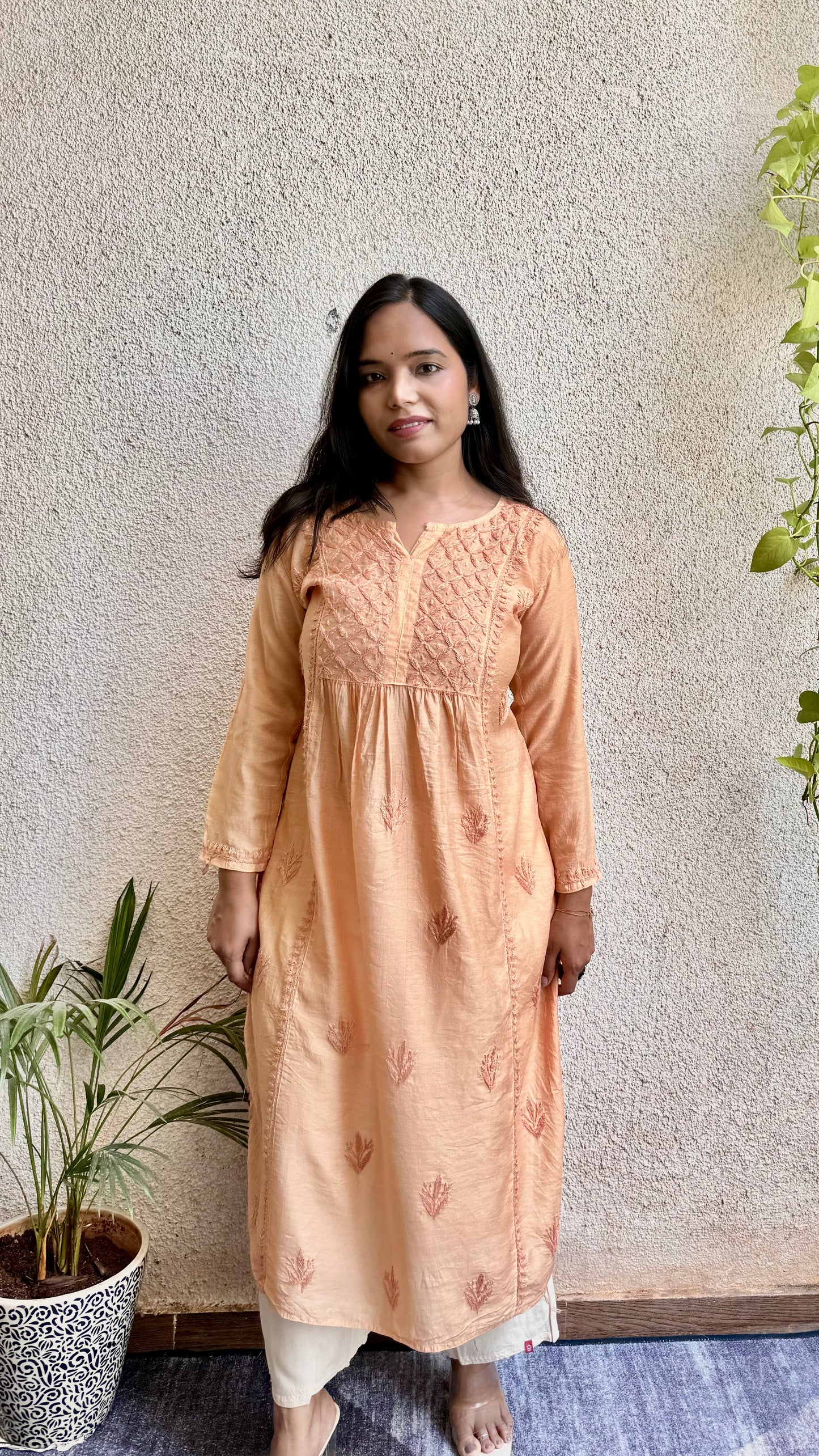 Nyra Chanderi silk Chikankari long kurti