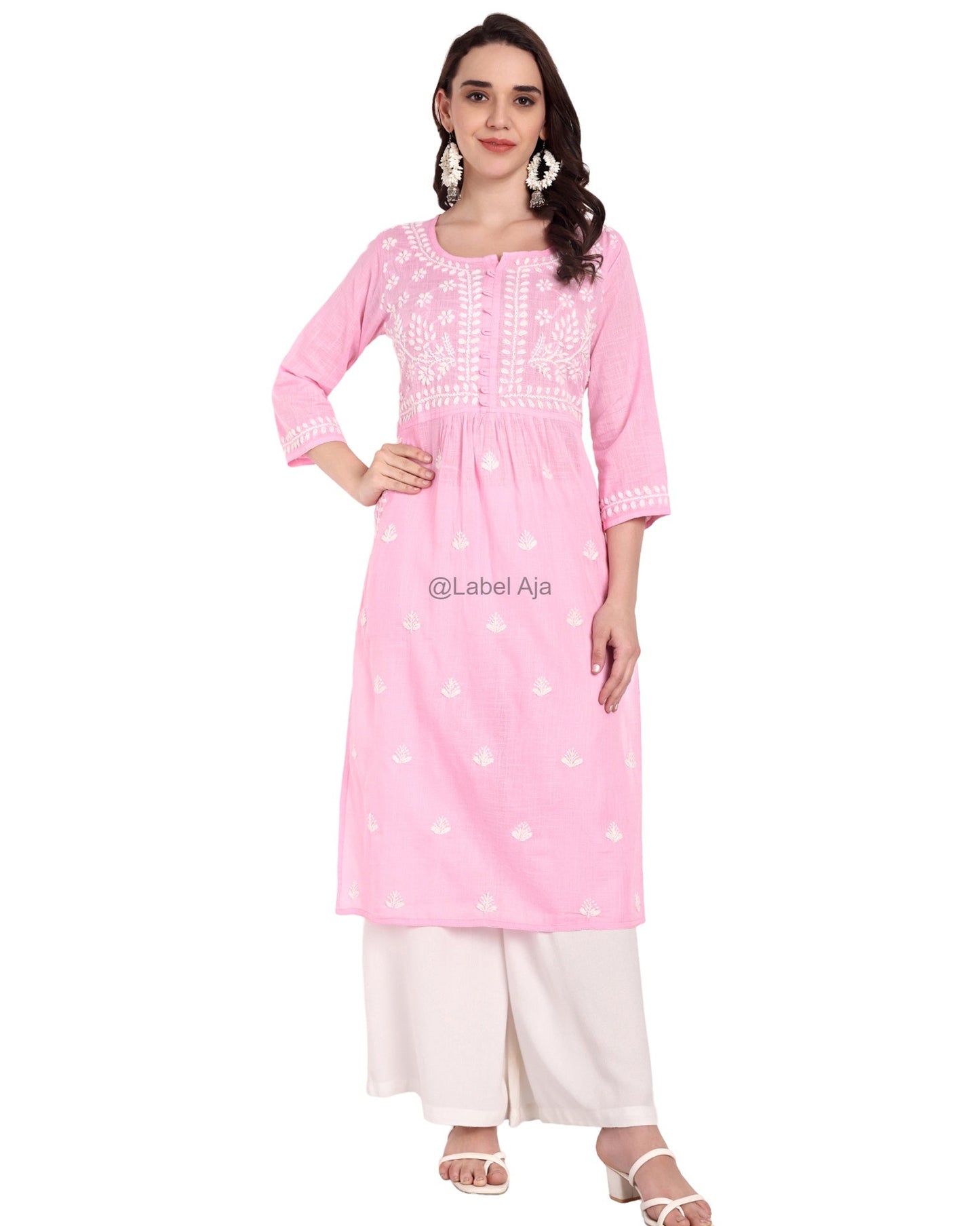 Misa Cotton chikankari long kurti with pockets