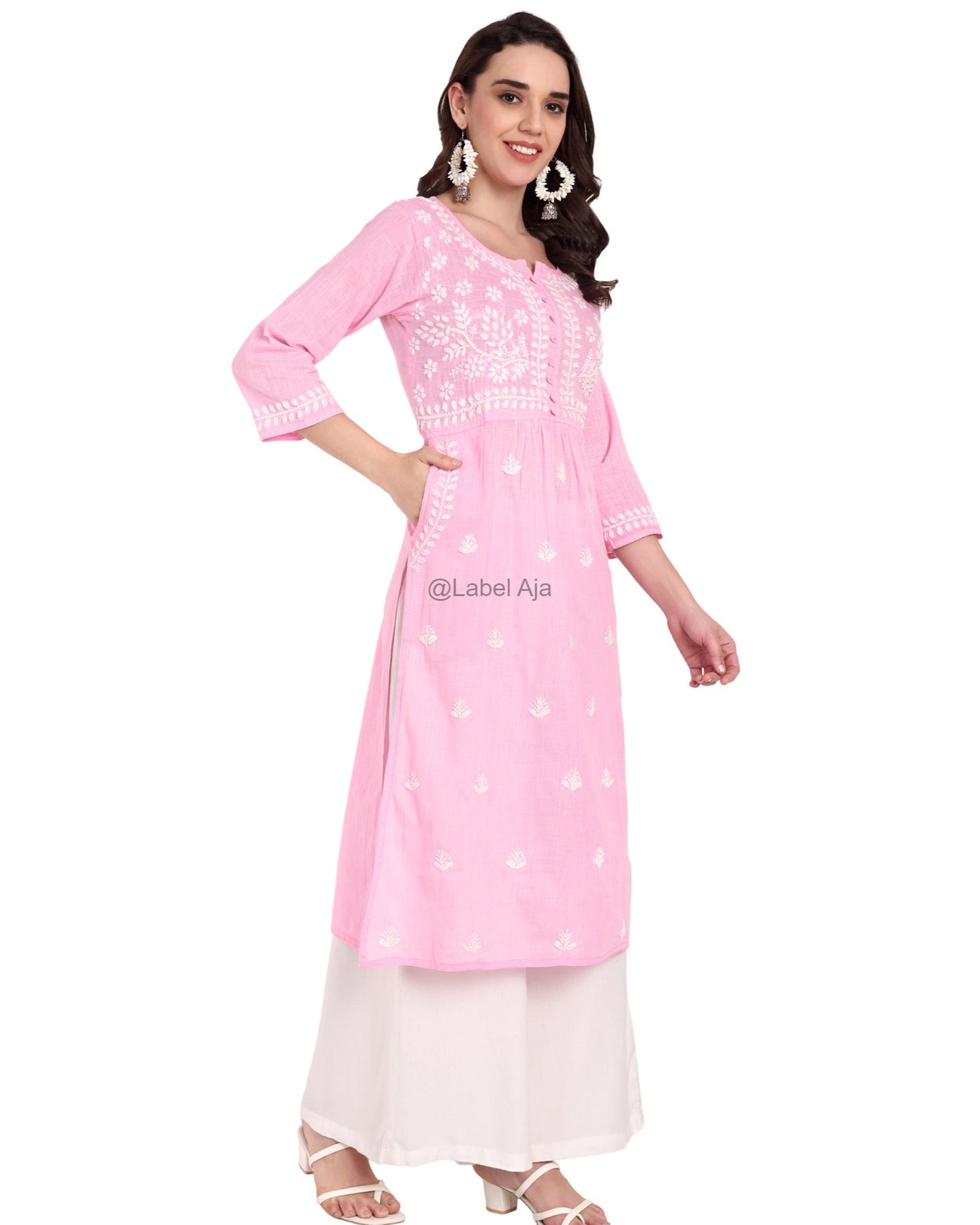 Misa Cotton chikankari long kurti with pockets