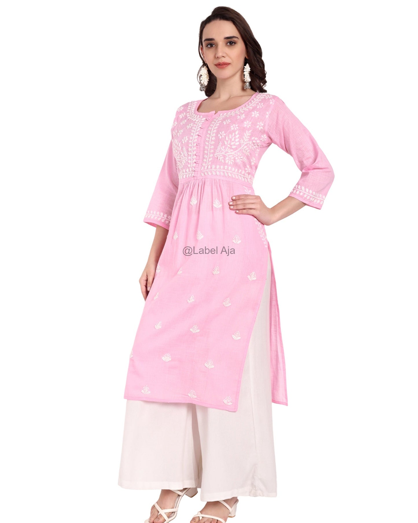 Misa Cotton chikankari long kurti with pockets