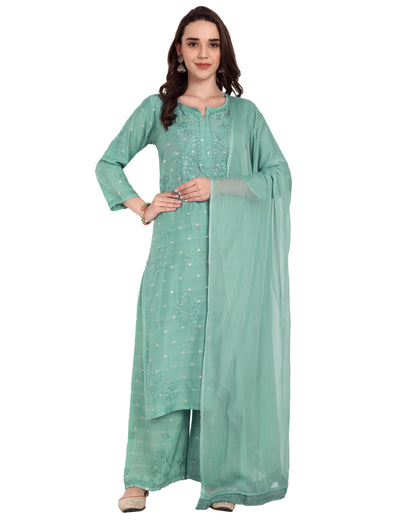 Sitara Chanderi Silk Chikankari Kurti, Palazzo and dupatta set