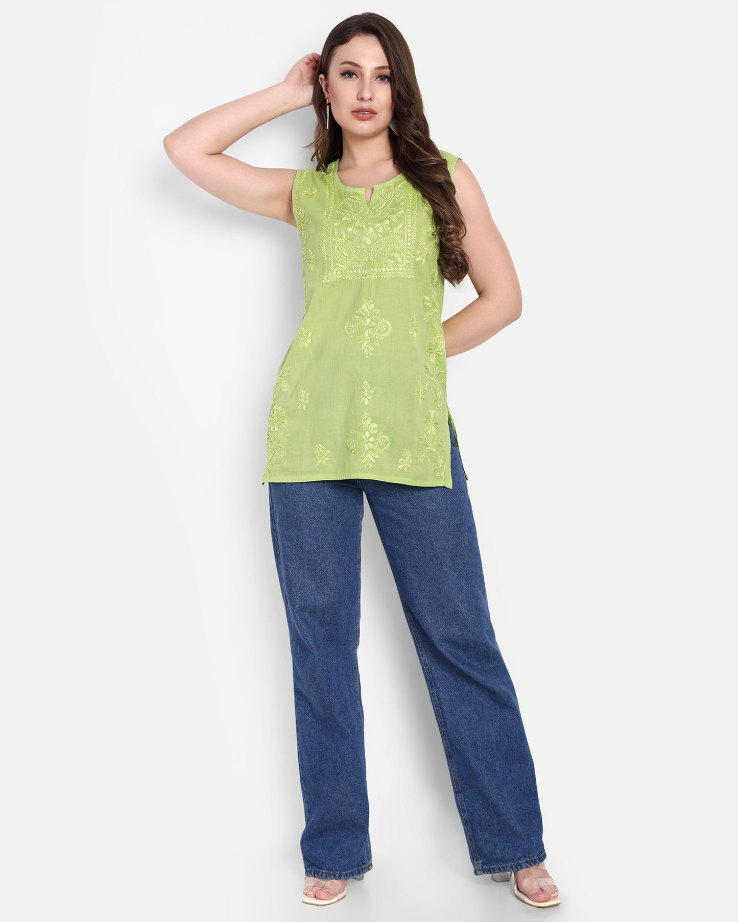 Mahi mul cotton sleeveless short chikankari kurti