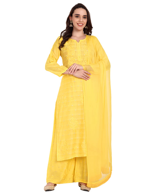 Sitara Chanderi Silk Chikankari Kurti, Palazzo and dupatta set