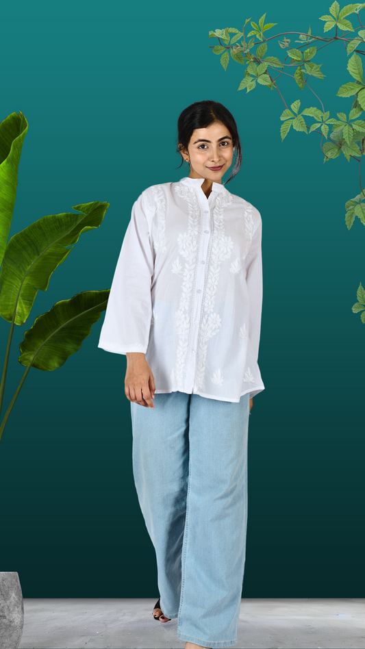 Tanvi mul cotton white chikankari shirt