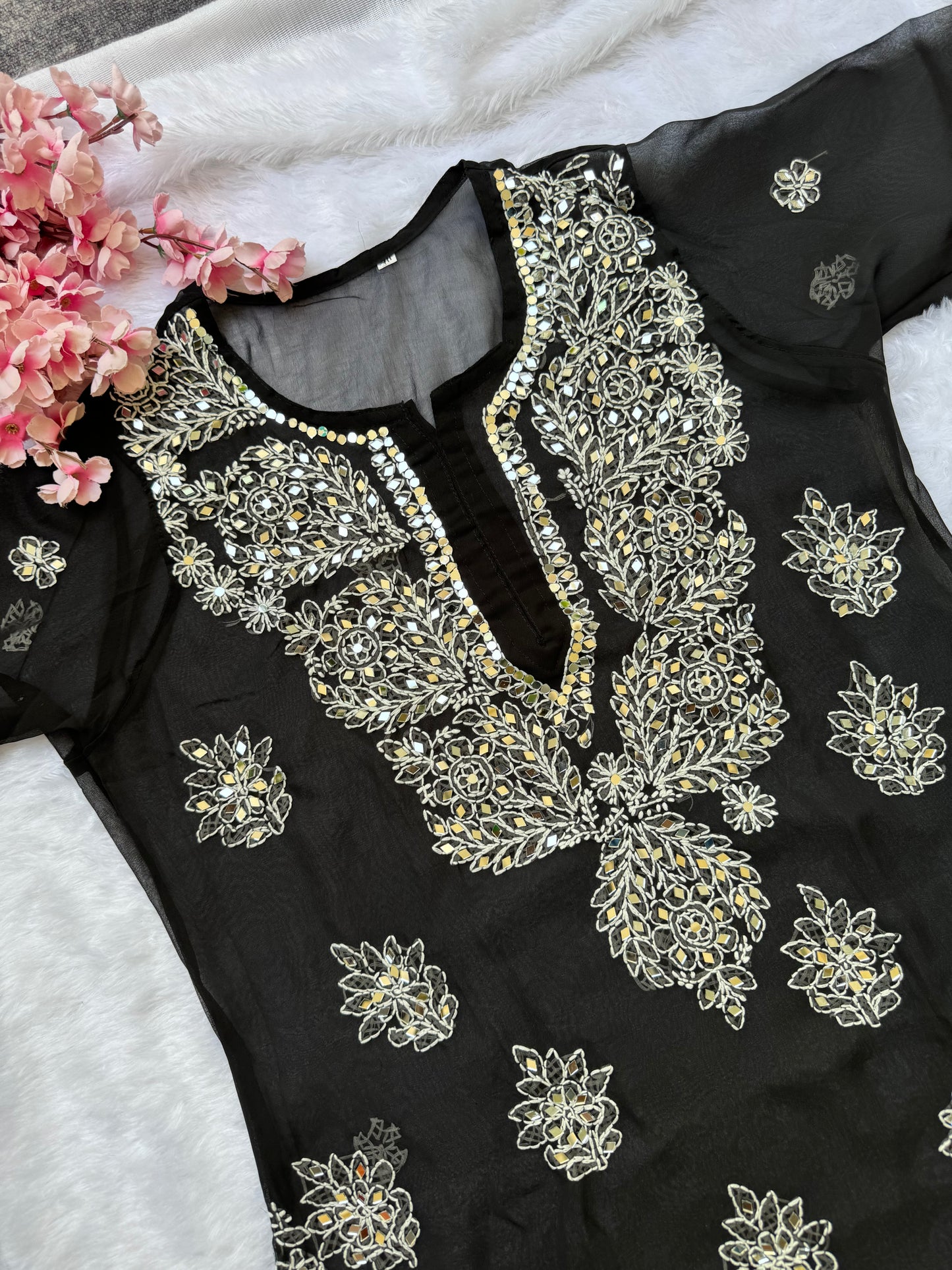 Georgette mirror work chikankari long kurta with matching liner