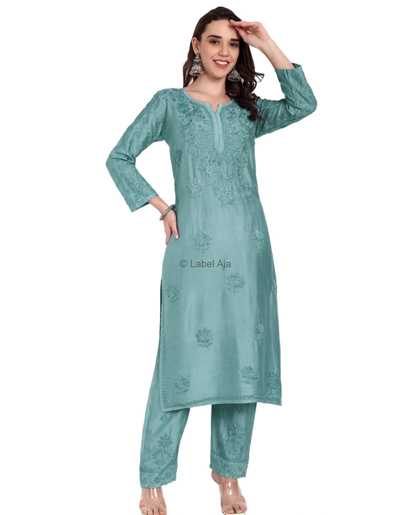 Meher Chanderi silk Chikankari Kurti & Palazzo Set