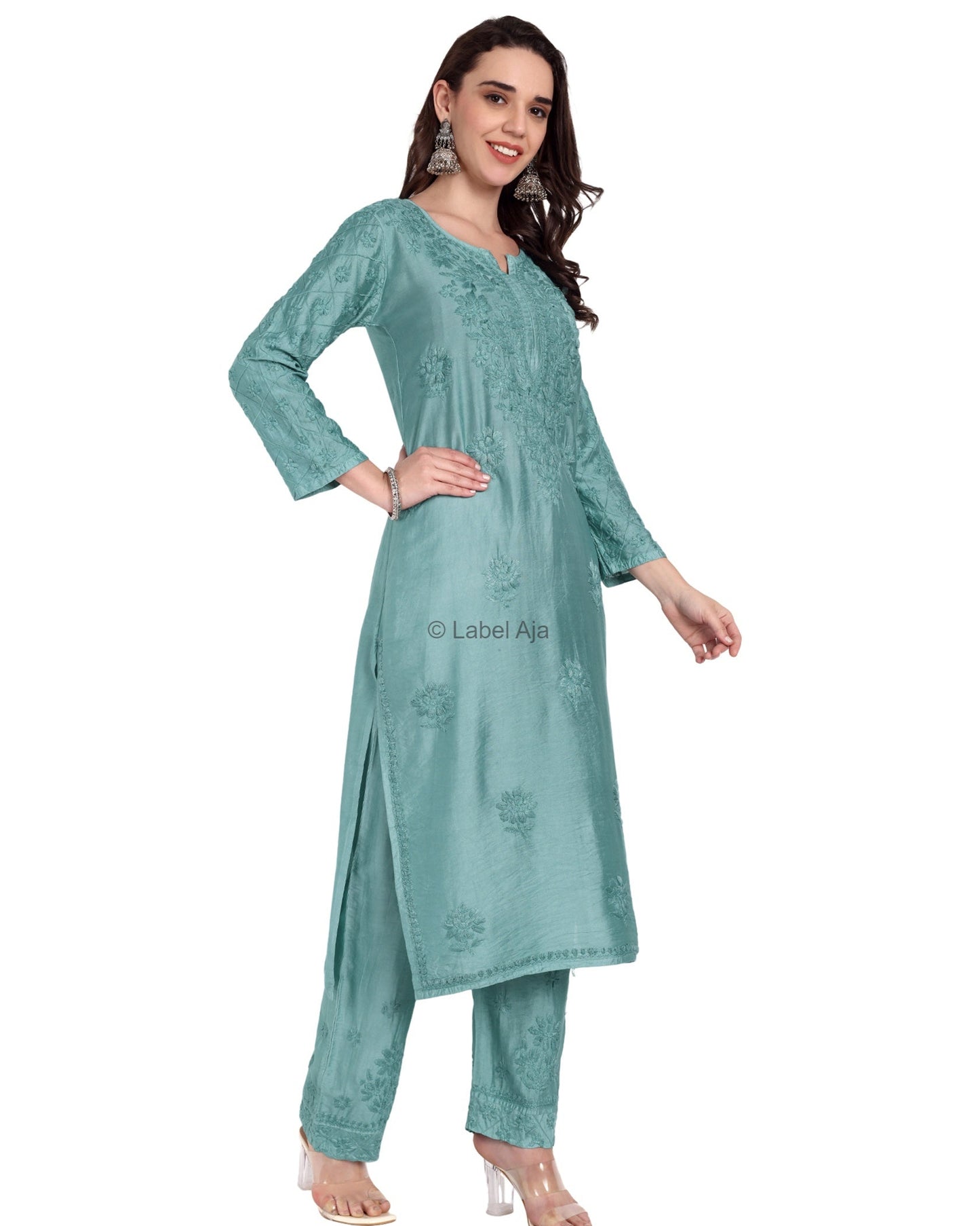 Meher Chanderi silk Chikankari Kurti & Palazzo Set