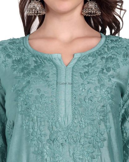 Meher Chanderi silk Chikankari Kurti & Palazzo Set