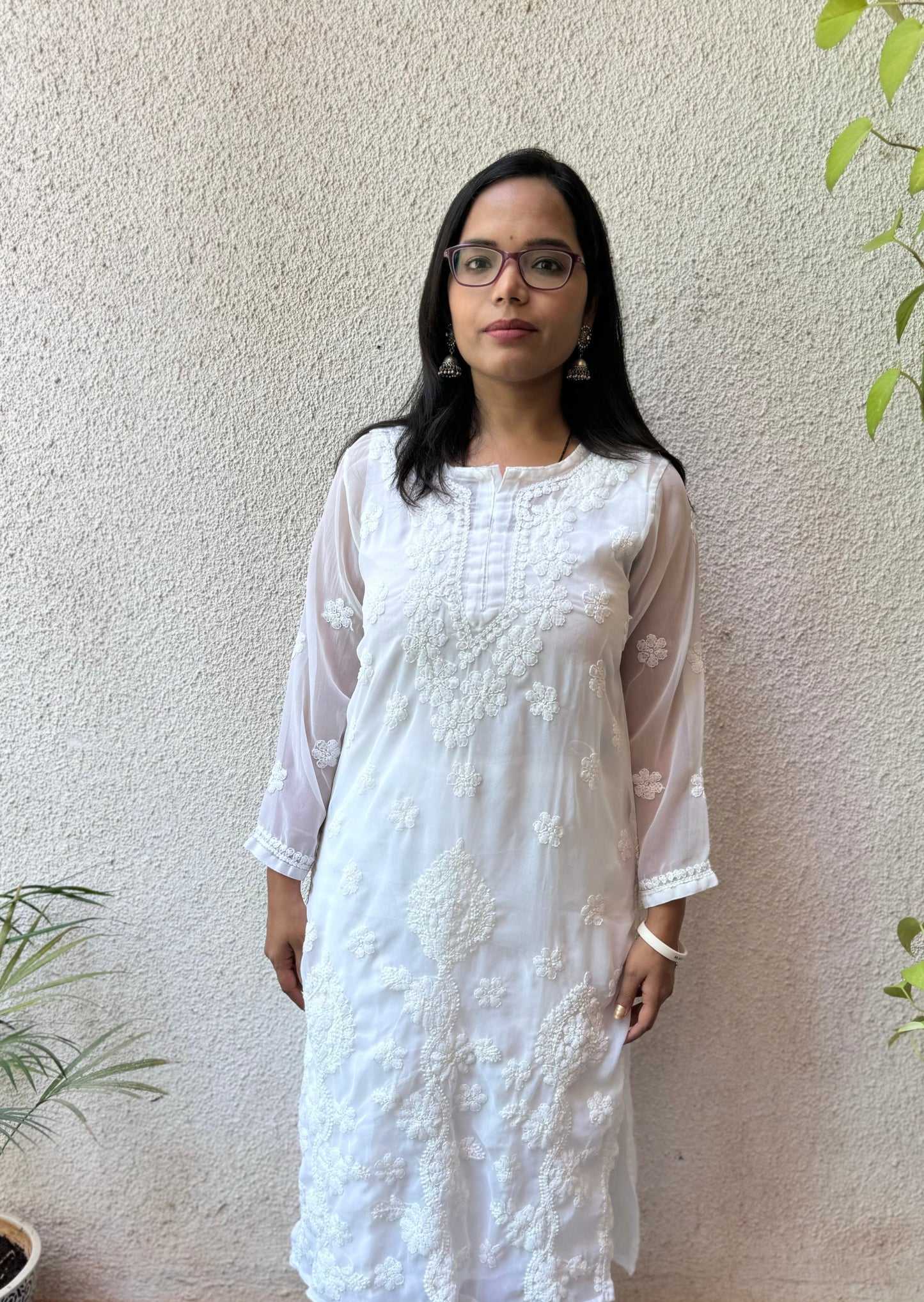 Georgette white long kurti with matching liner