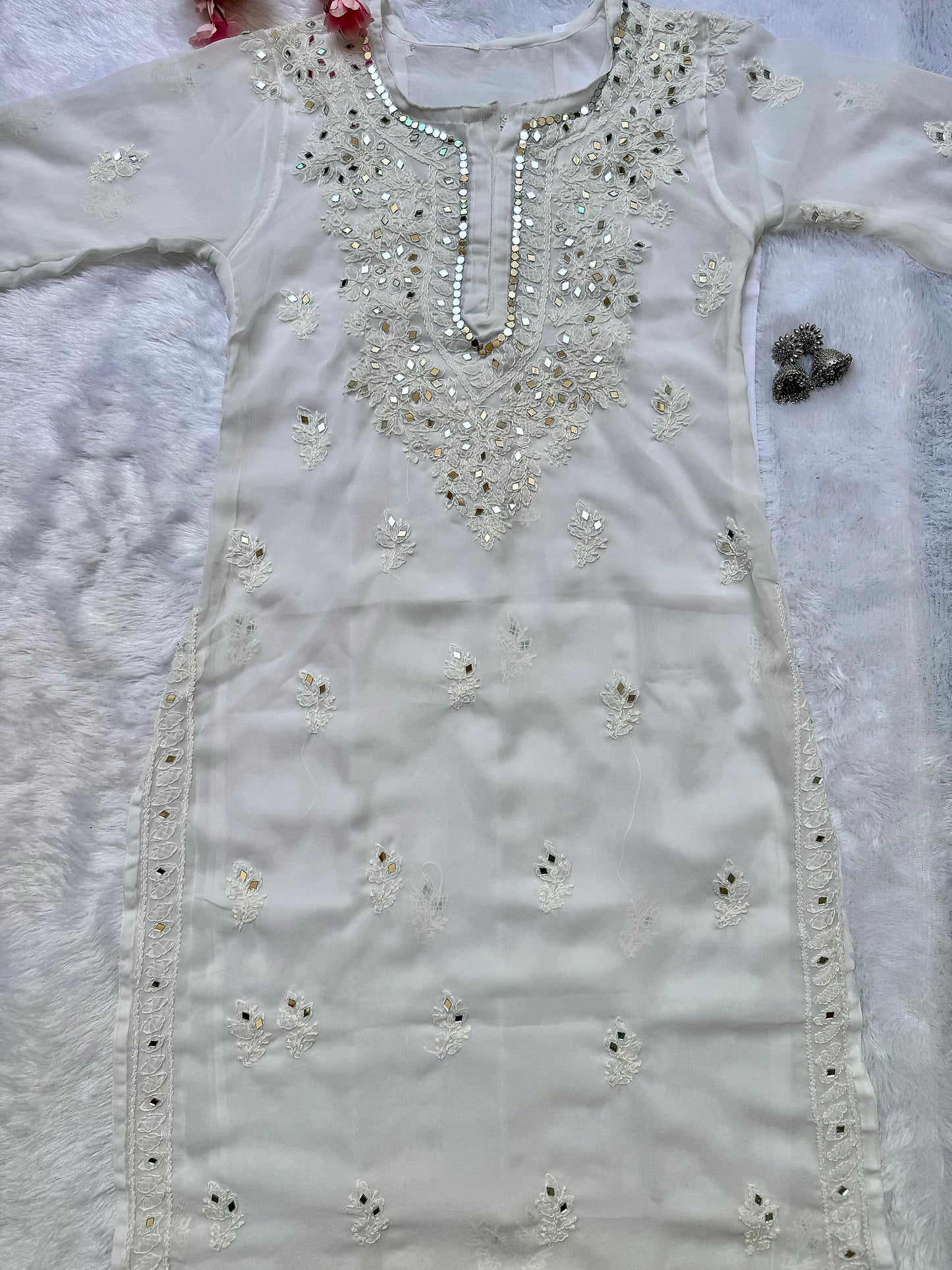 Georgette mirror work white chikankari long kurta