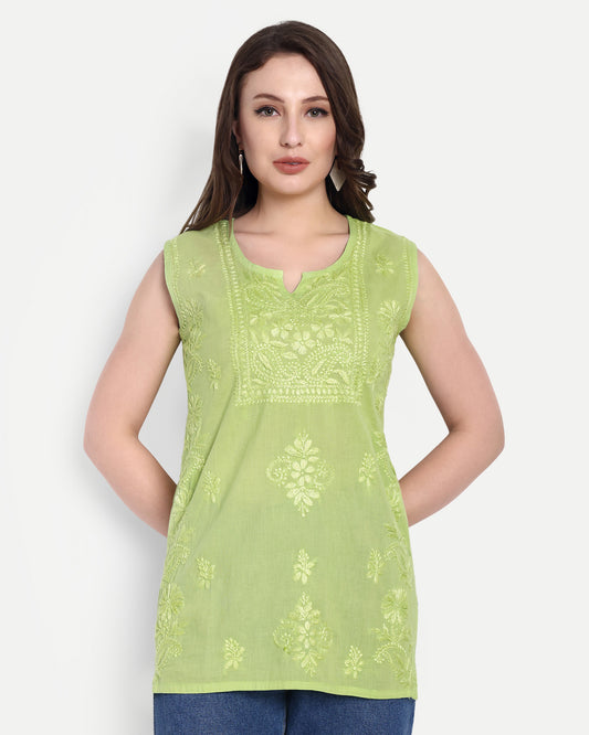 Mahi mul cotton sleeveless short chikankari kurti