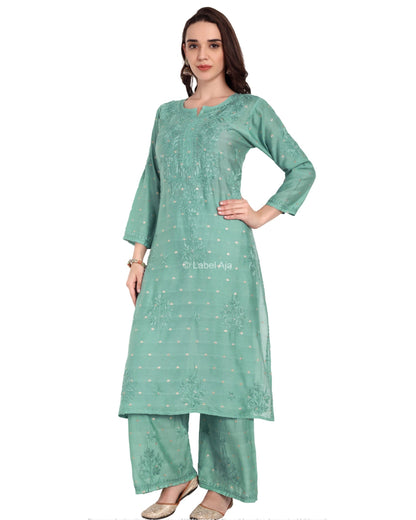 Sitara Chanderi Silk Chikankari Kurti, Palazzo and dupatta set