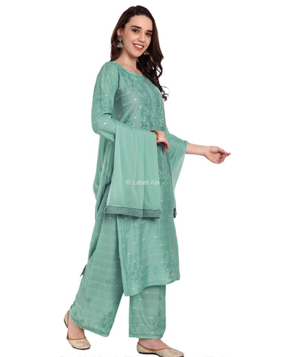 Sitara Chanderi Silk Chikankari Kurti, Palazzo and dupatta set