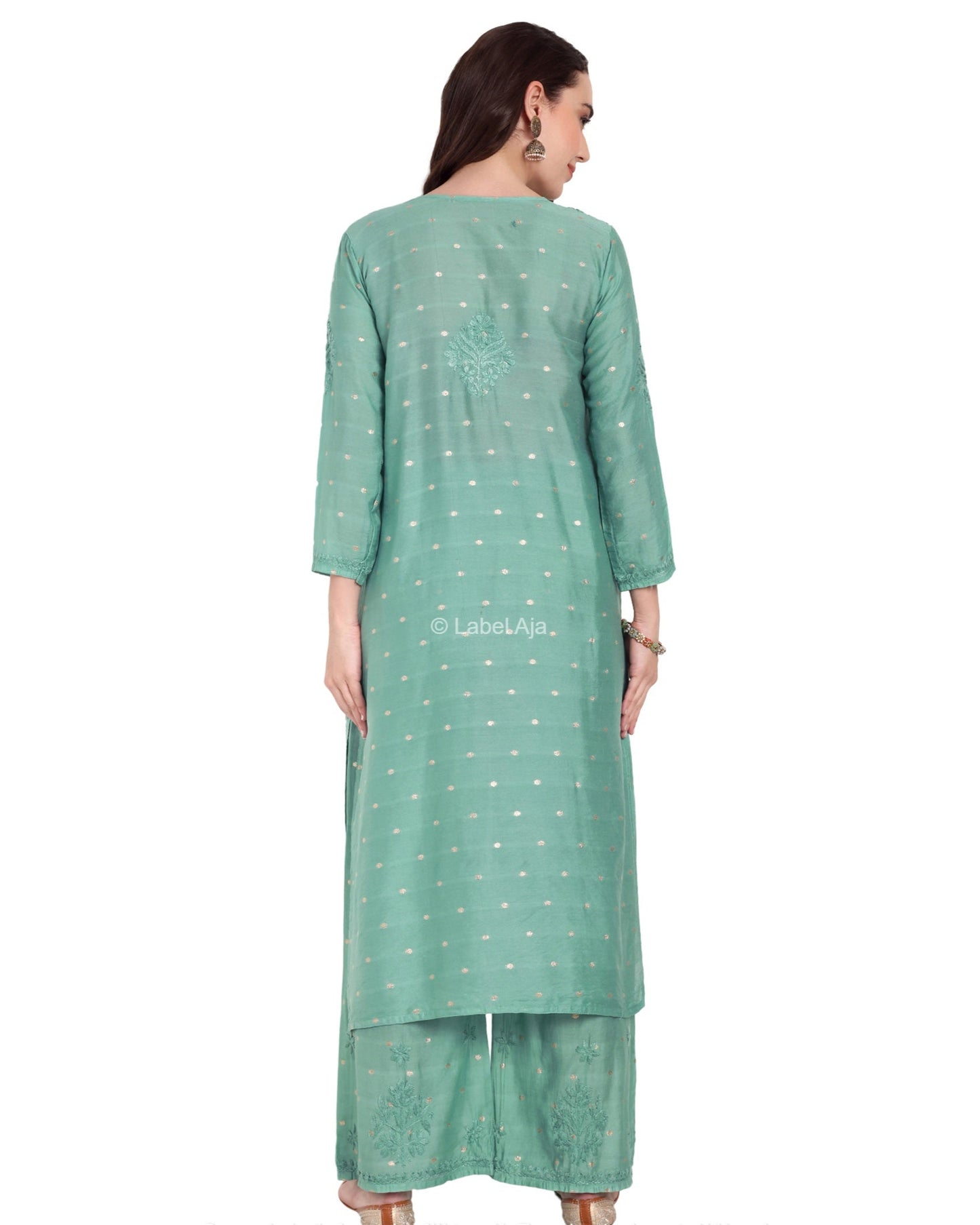 Sitara Chanderi Silk Chikankari Kurti, Palazzo and dupatta set