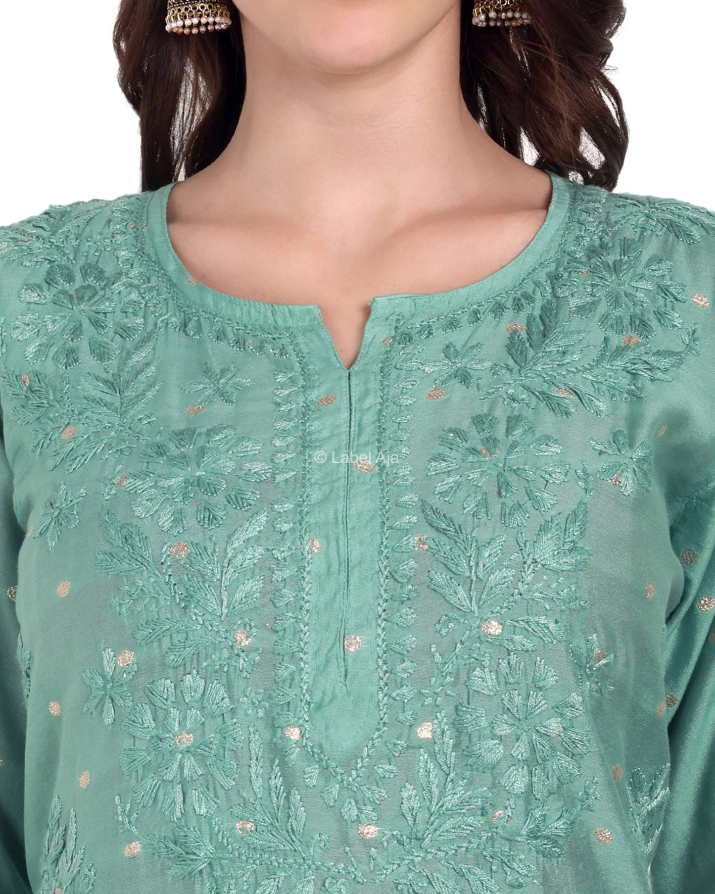 Sitara Chanderi Silk Chikankari Kurti, Palazzo and dupatta set