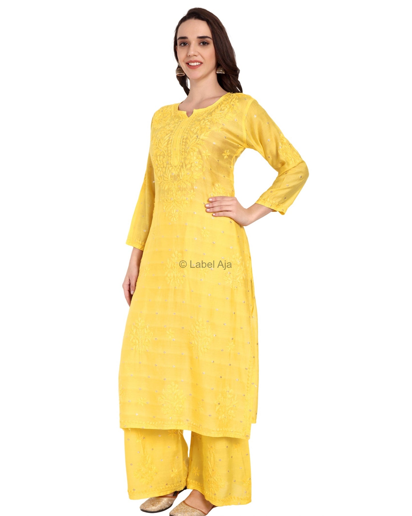 Sitara Chanderi Silk Chikankari Kurti, Palazzo and dupatta set