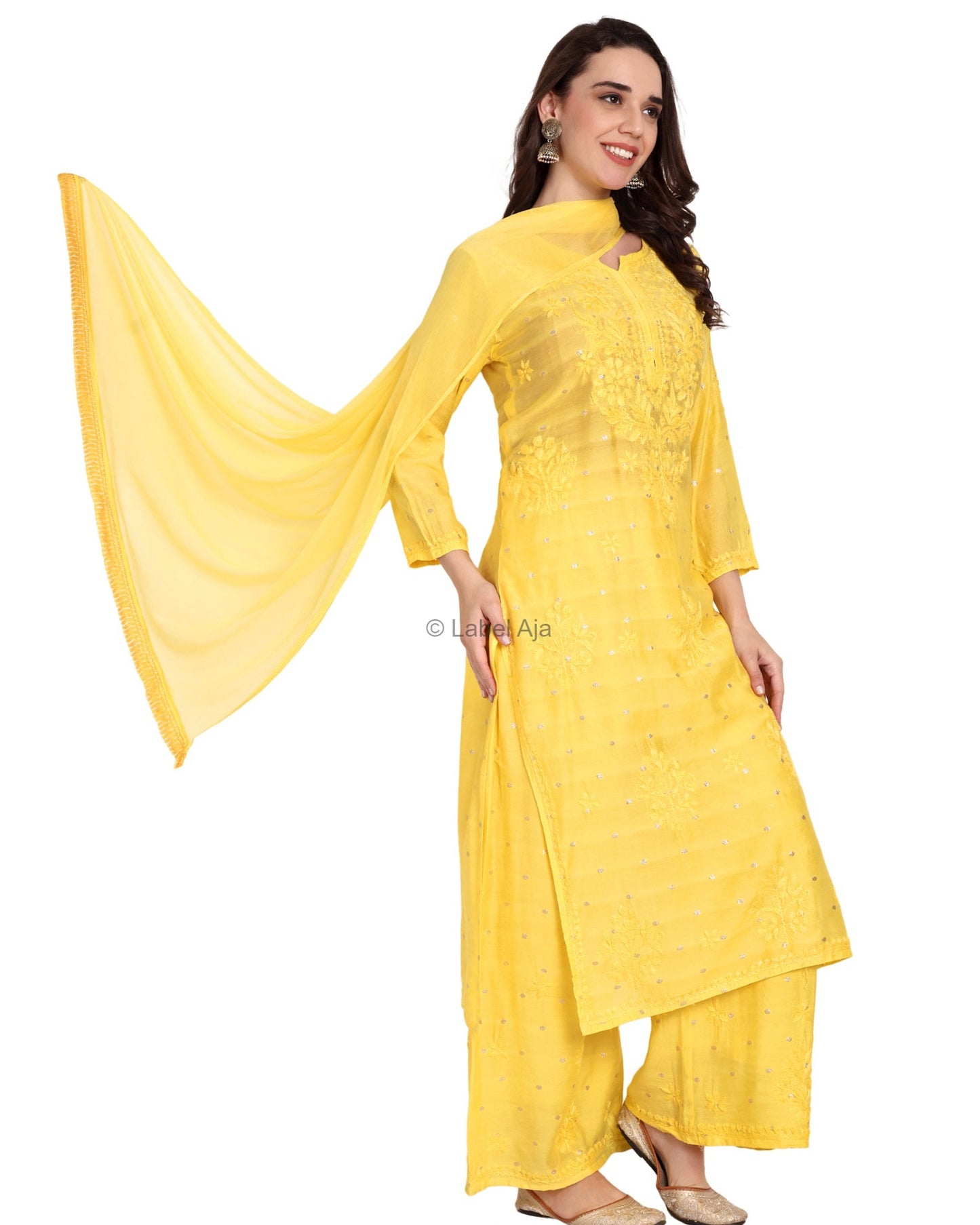 Sitara Chanderi Silk Chikankari Kurti, Palazzo and dupatta set