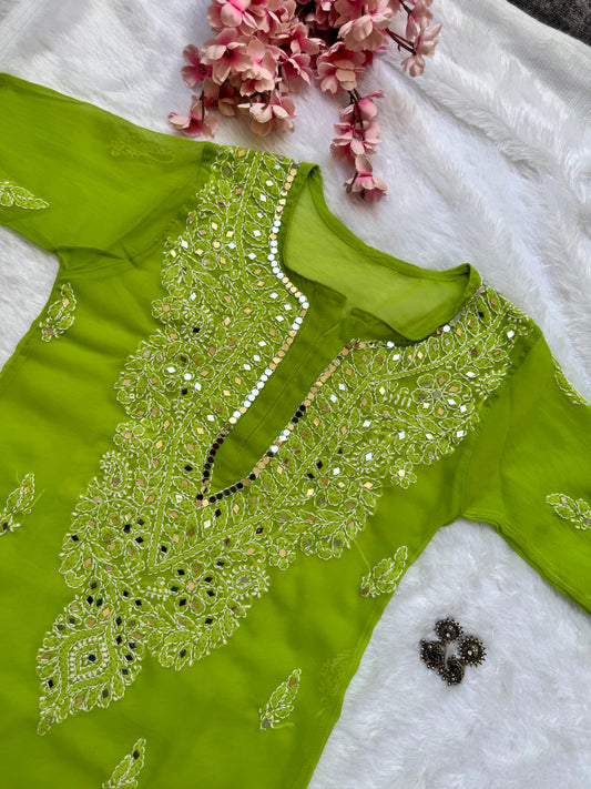 Georgette mirror work chikankari long kurta with matching liner