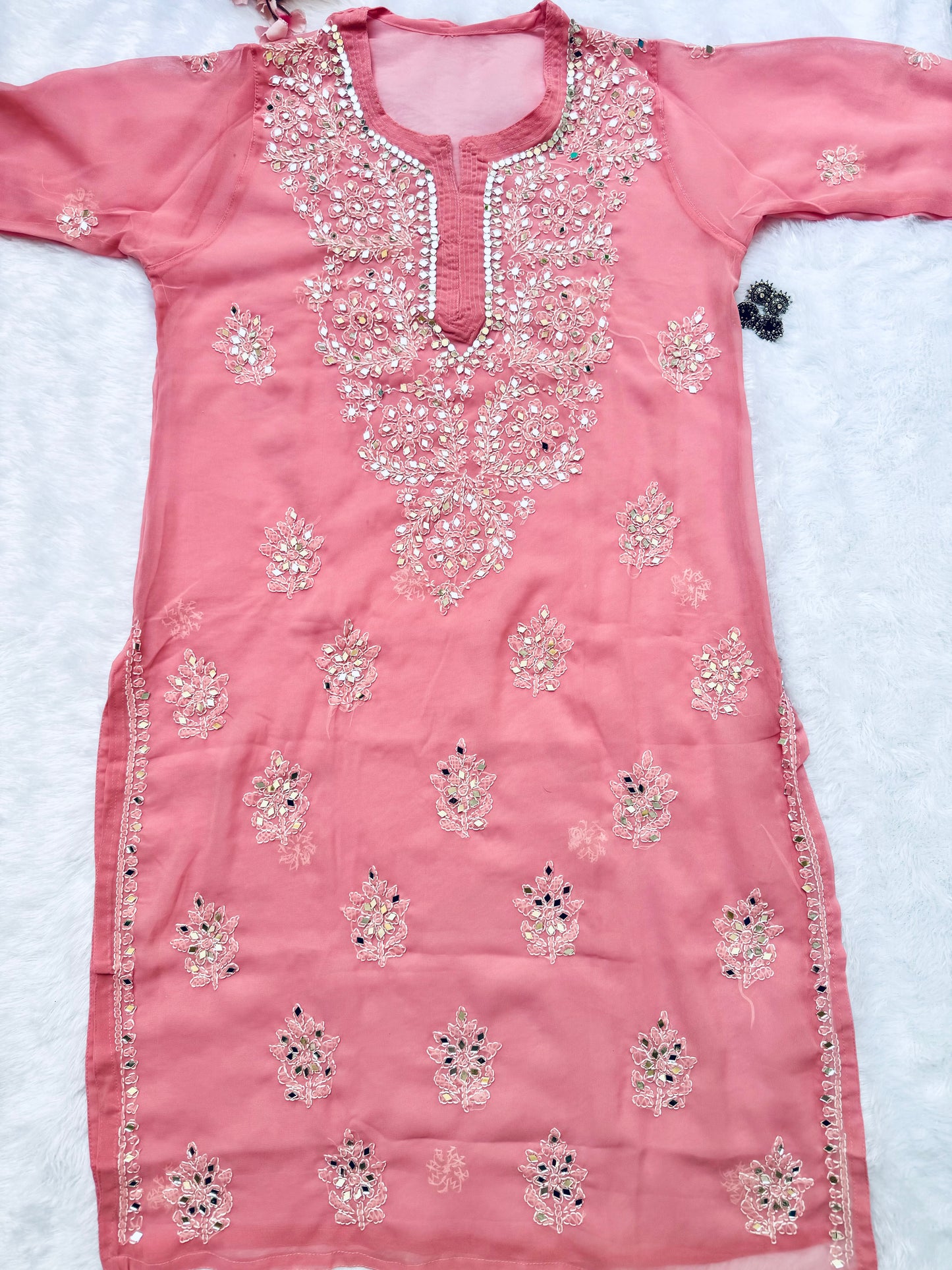 Georgette mirror work chikankari long kurta with matching liner