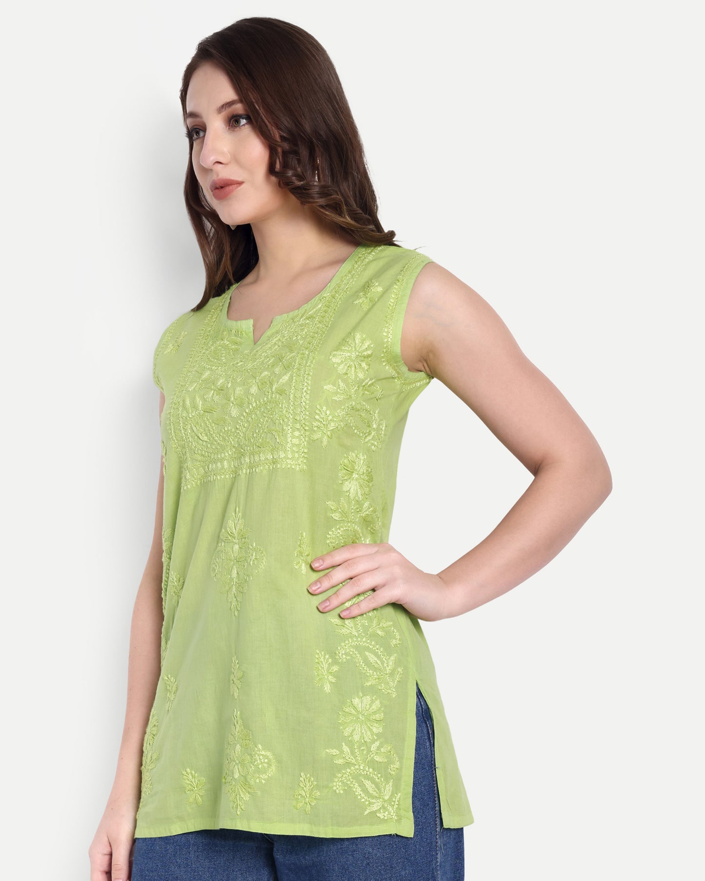 Mahi mul cotton sleeveless short chikankari kurti