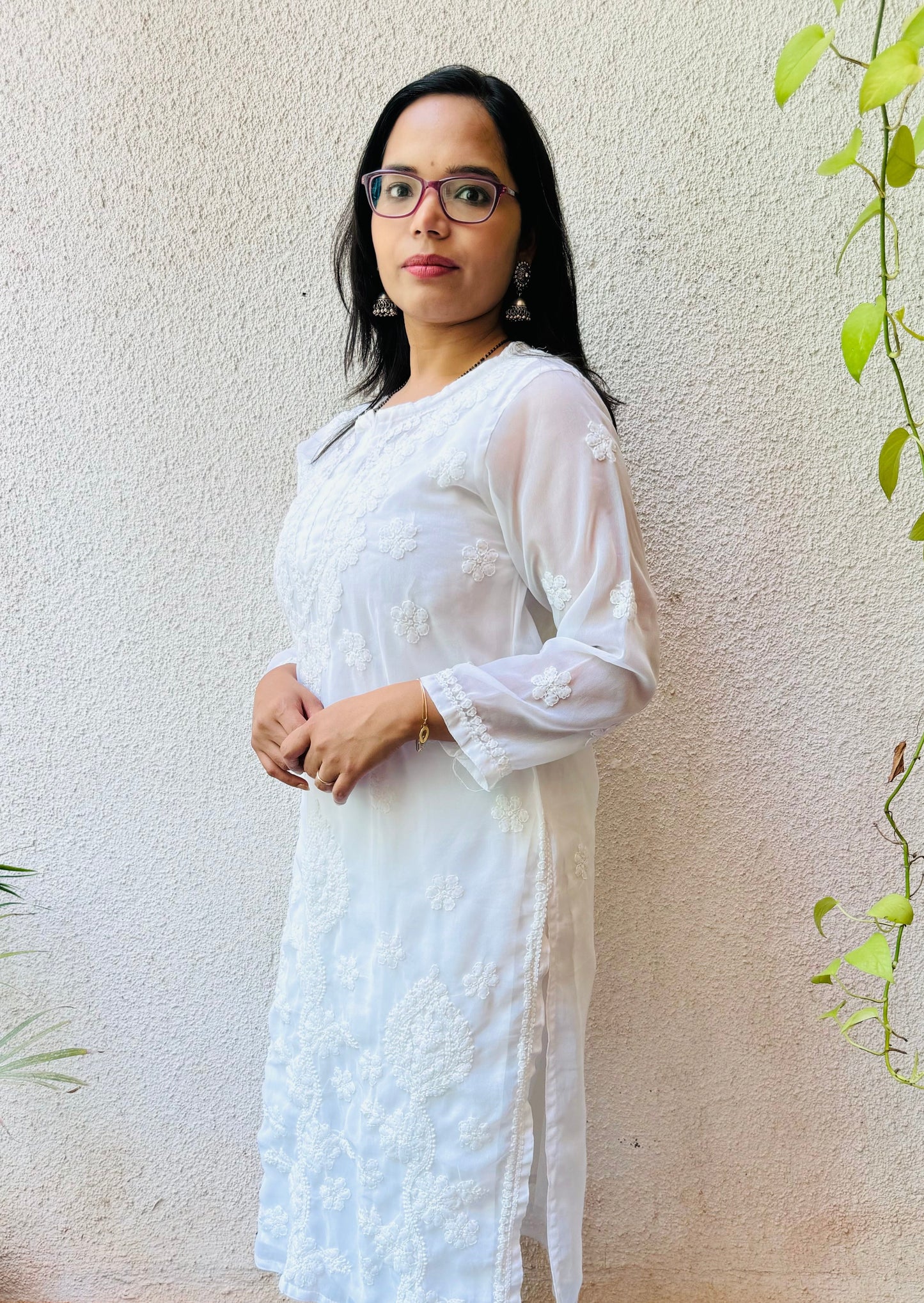 Georgette white long kurti with matching liner