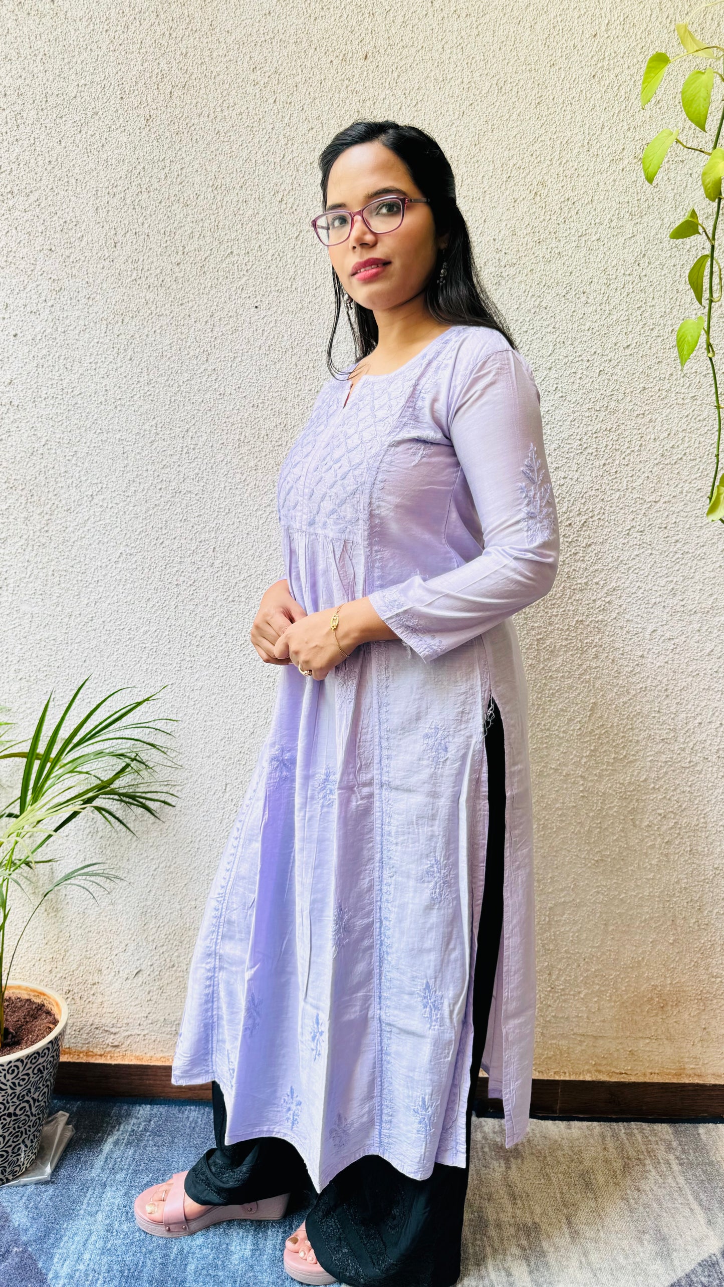 Nyra Chanderi silk Chikankari long kurti