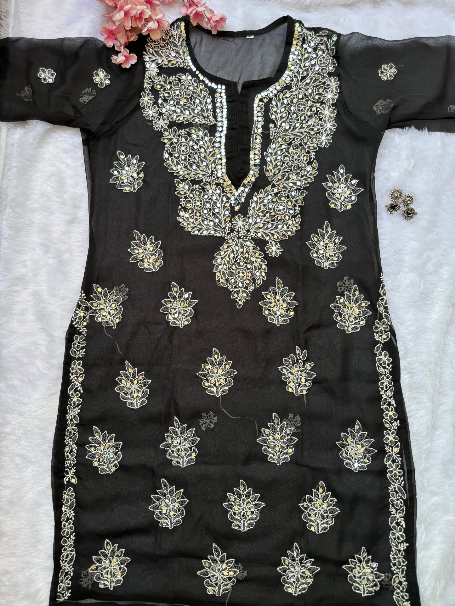 Georgette mirror work chikankari long kurta with matching liner