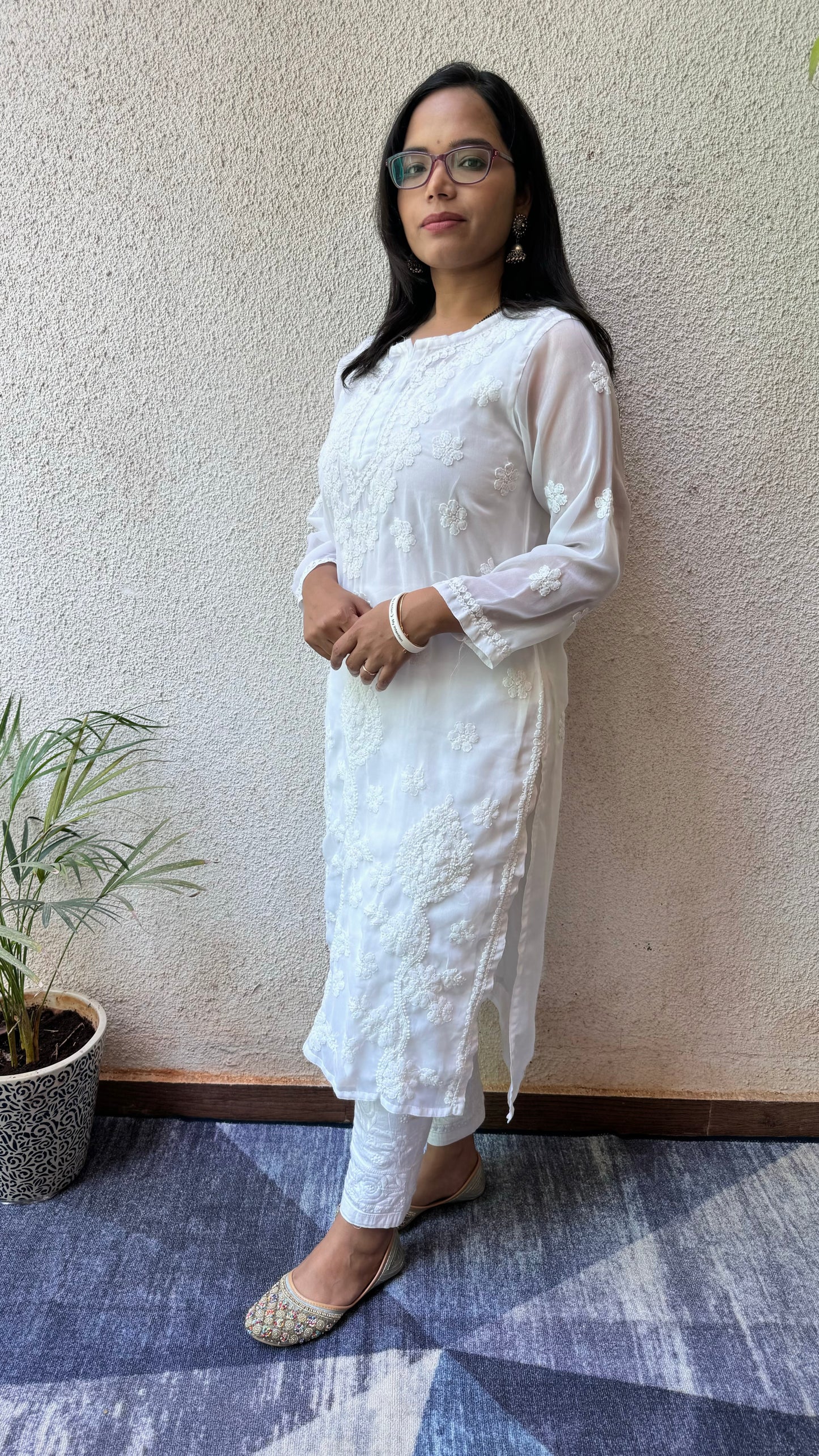 Georgette white long kurti with matching liner