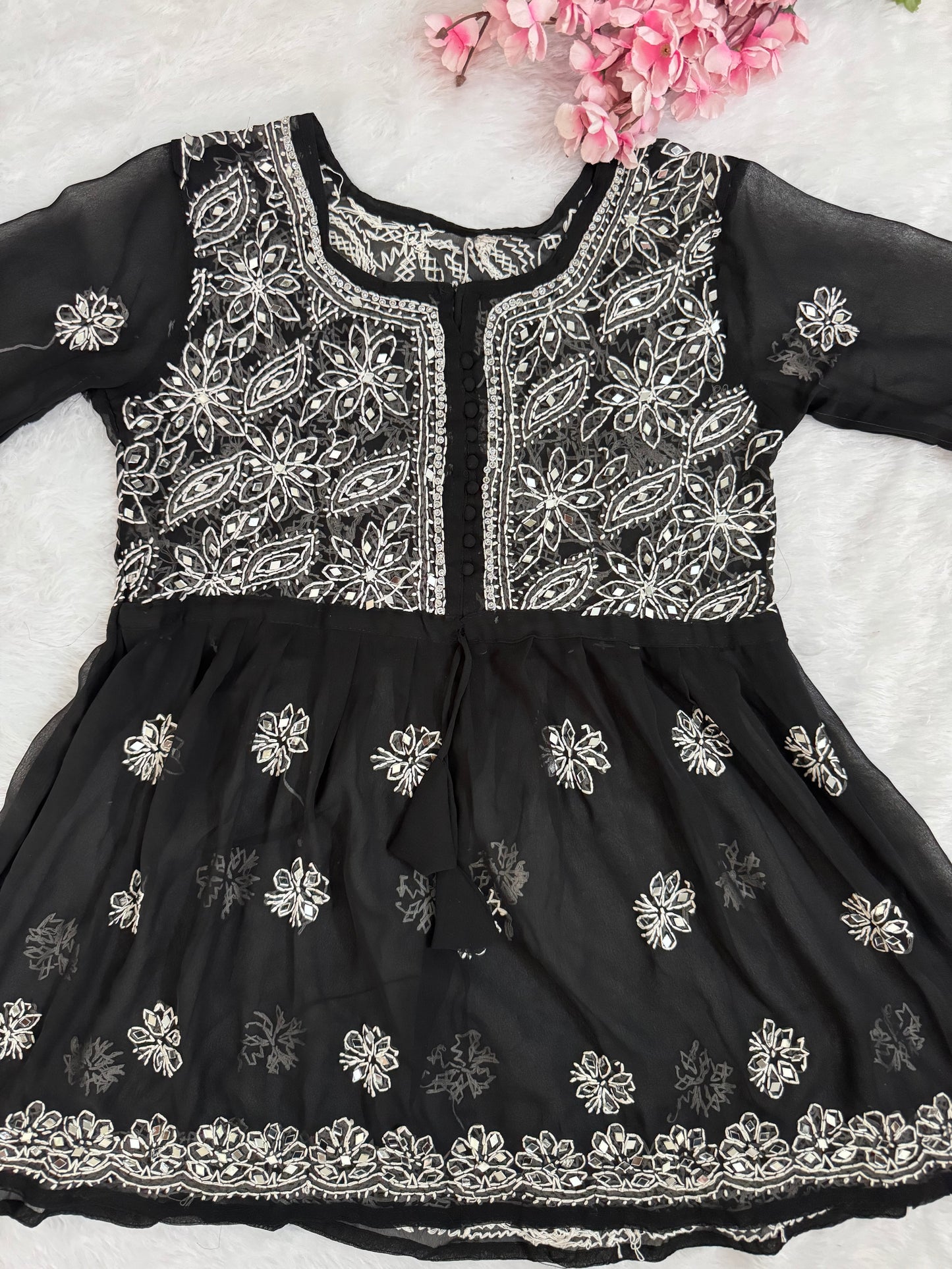 Georgette Short mirror work chikankari kurti with matching liner