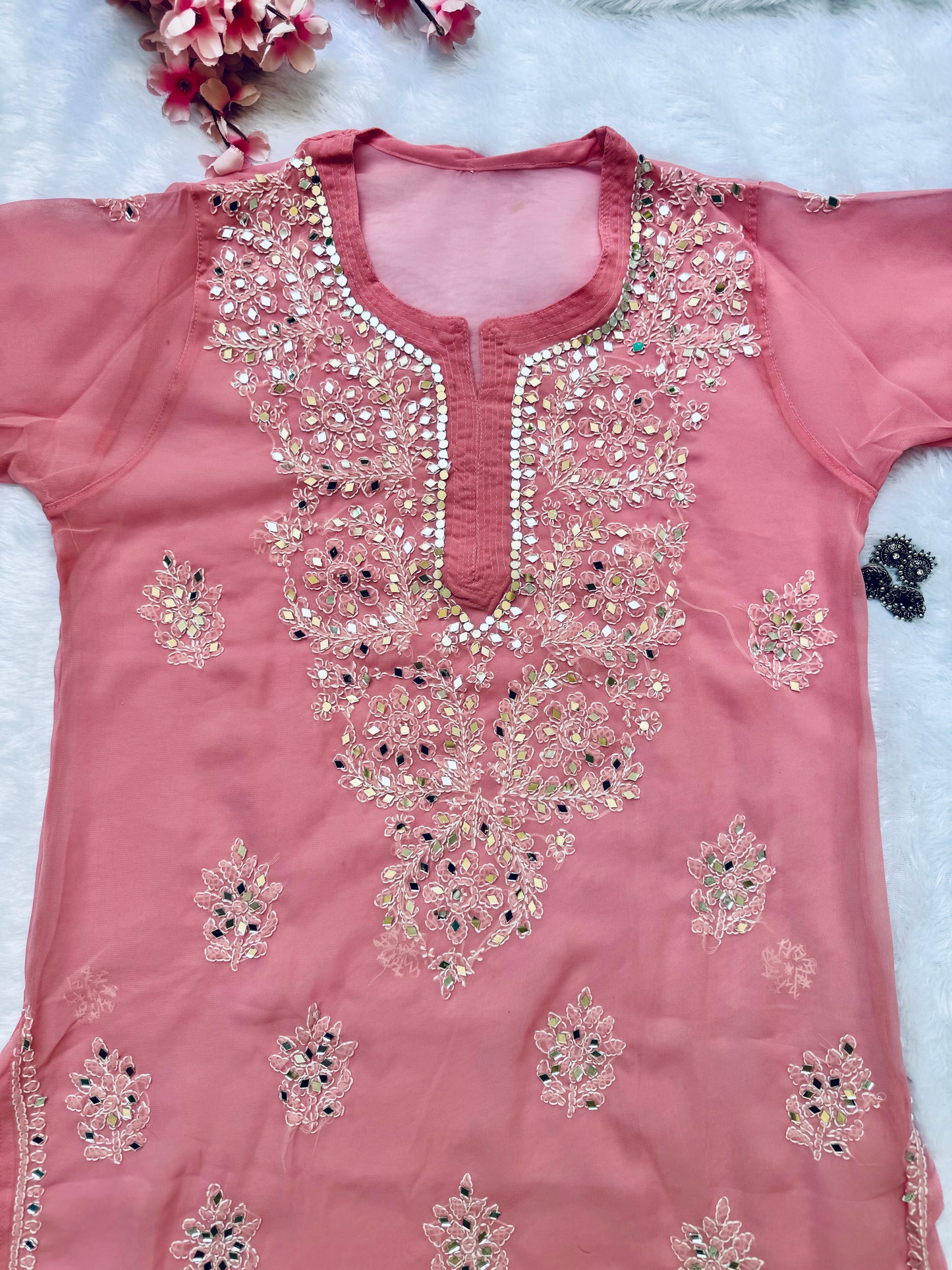 Georgette mirror work chikankari long kurta with matching liner