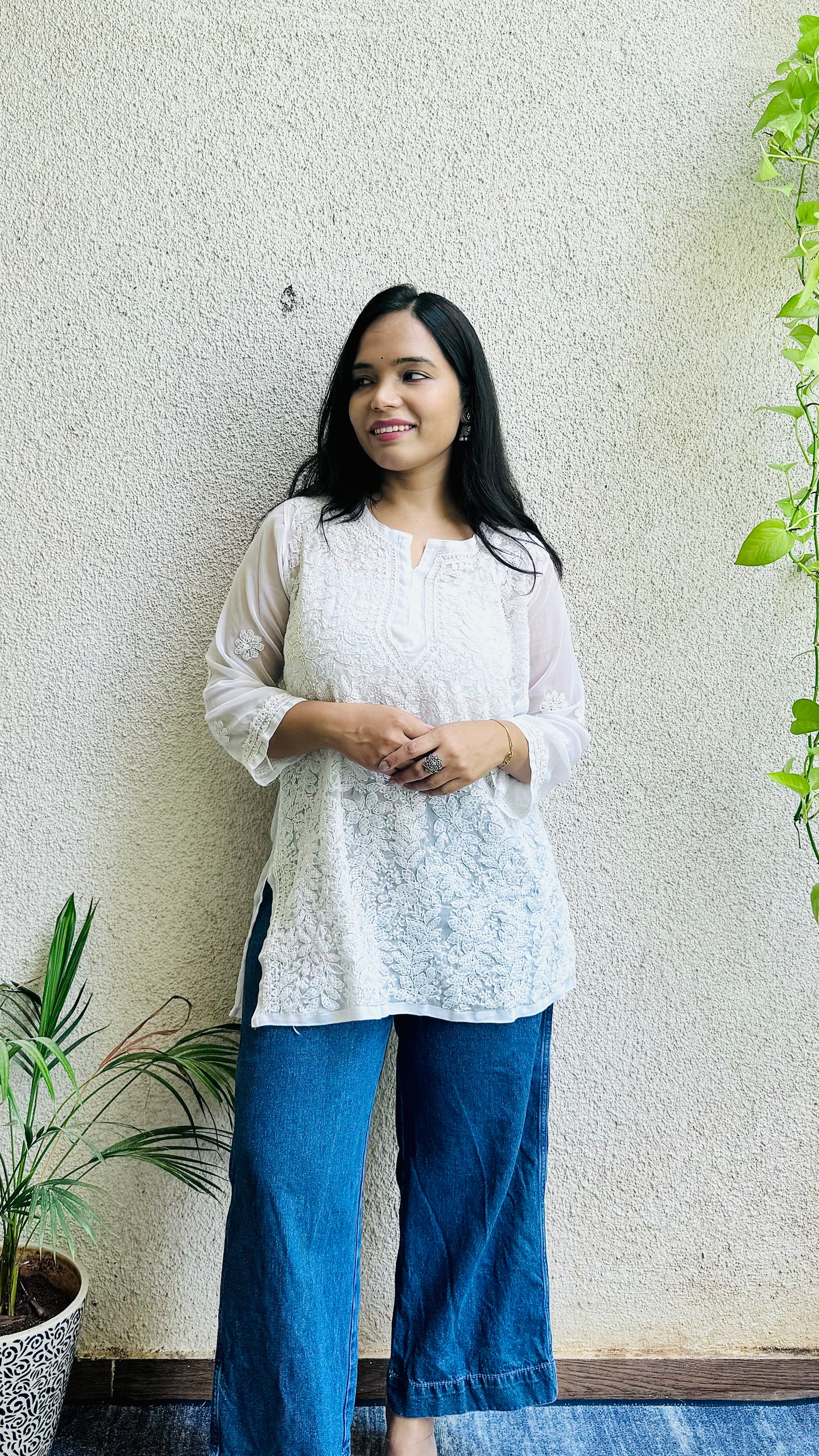 Riva Georgette short chikankari top with matching liner