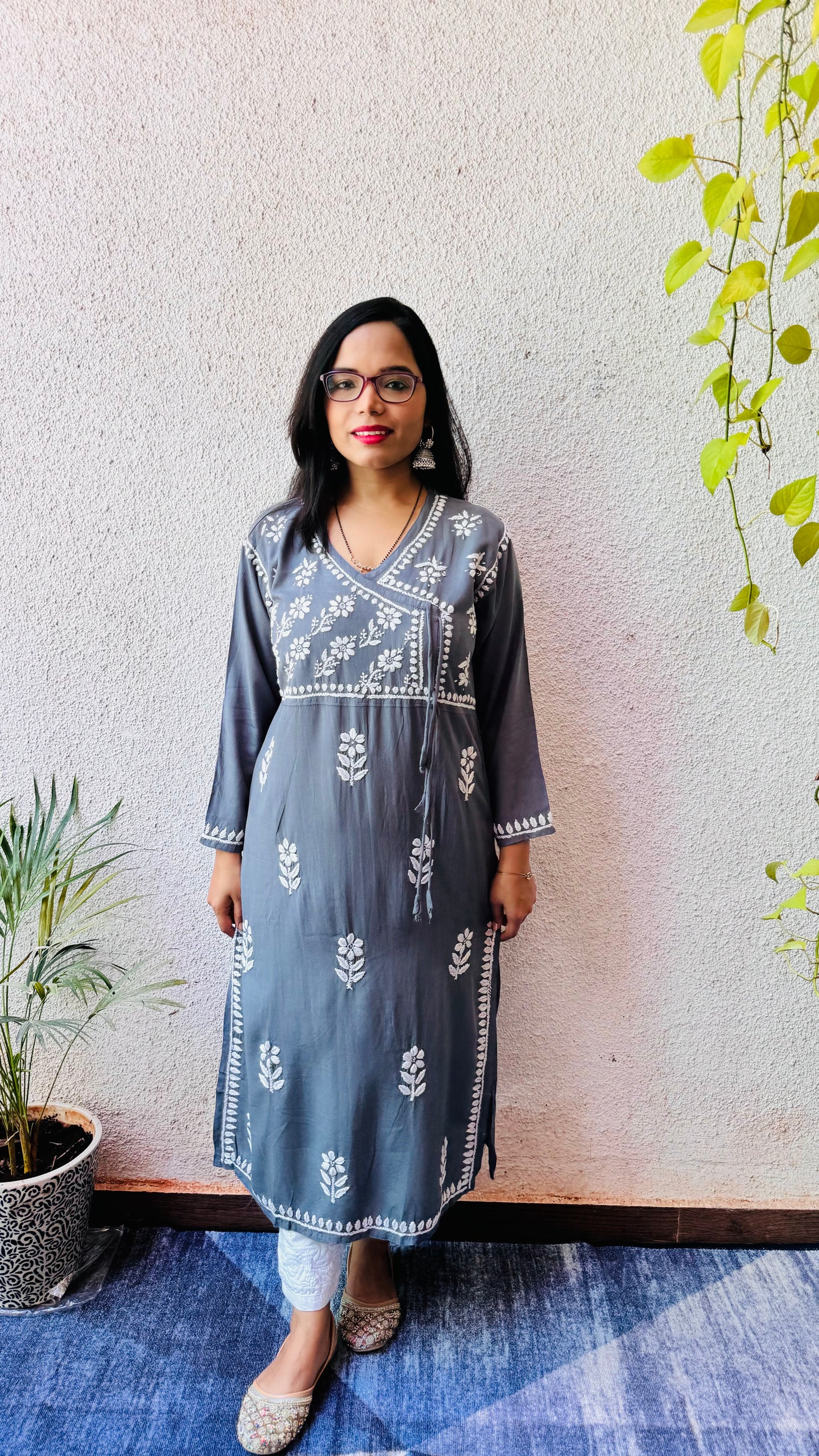 Rayon Chikankari Kurti in Angarkha pattern