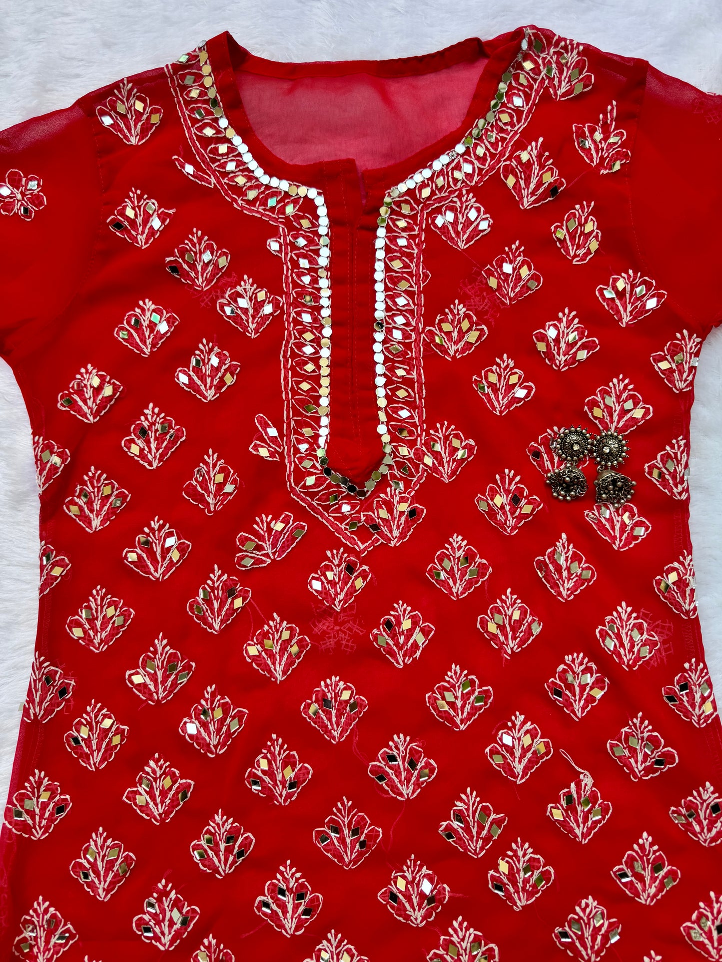 Georgette mirror work chikankari long kurta with matching liner