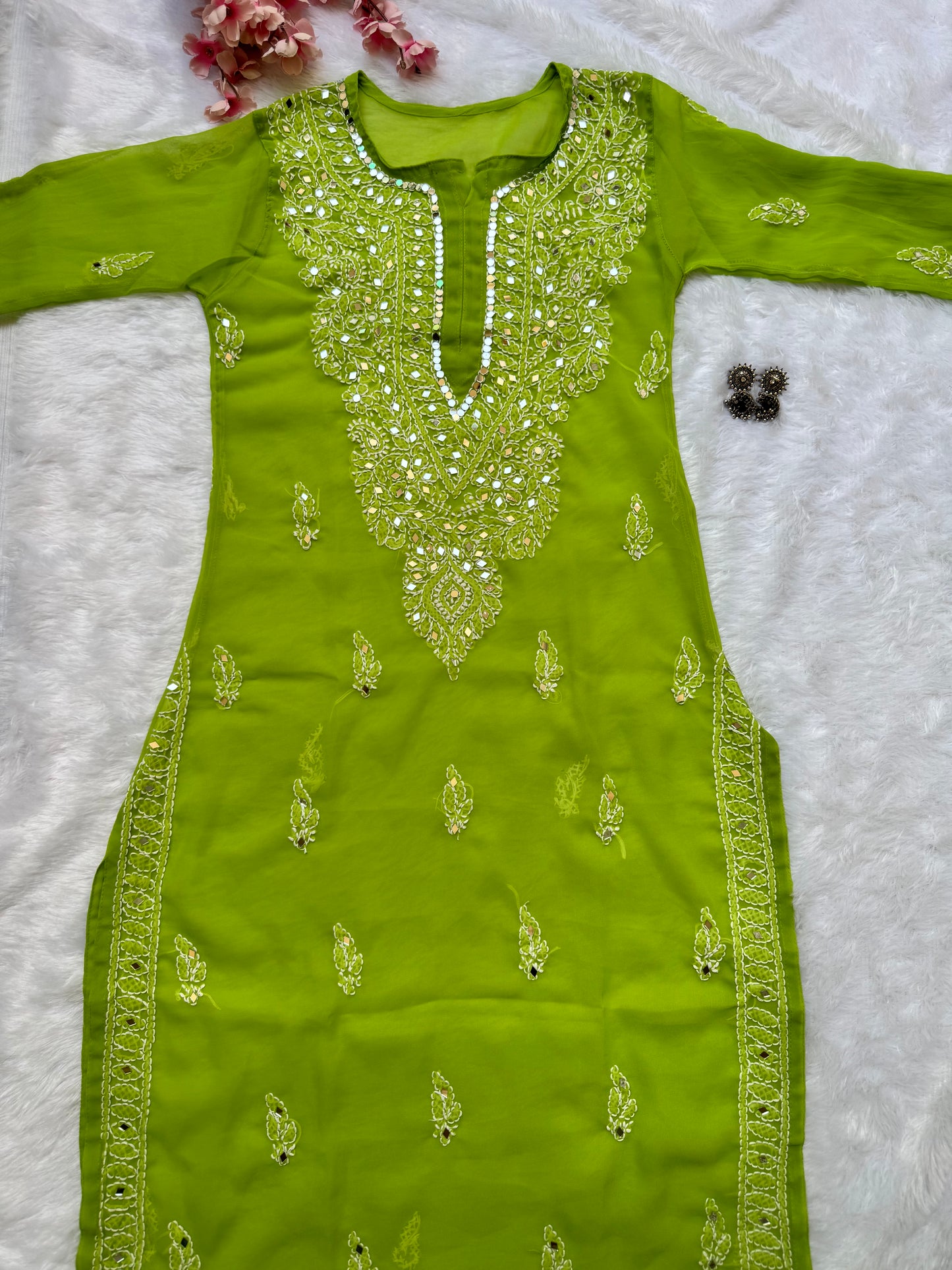 Georgette mirror work chikankari long kurta with matching liner