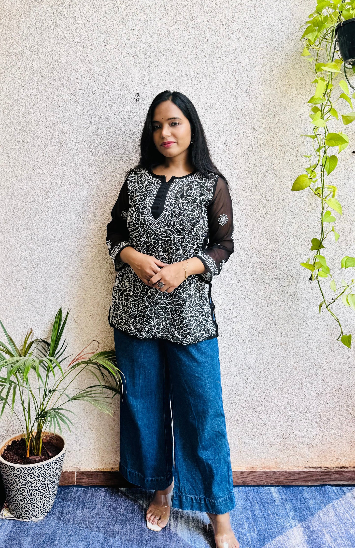 Riva Georgette short chikankari top with matching liner