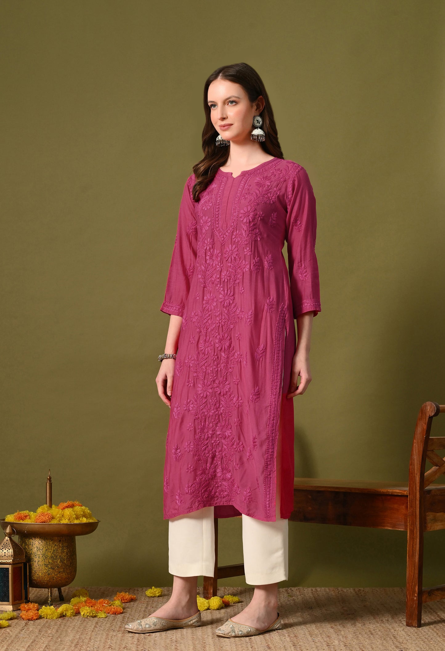 Muslin long chikankari kurti