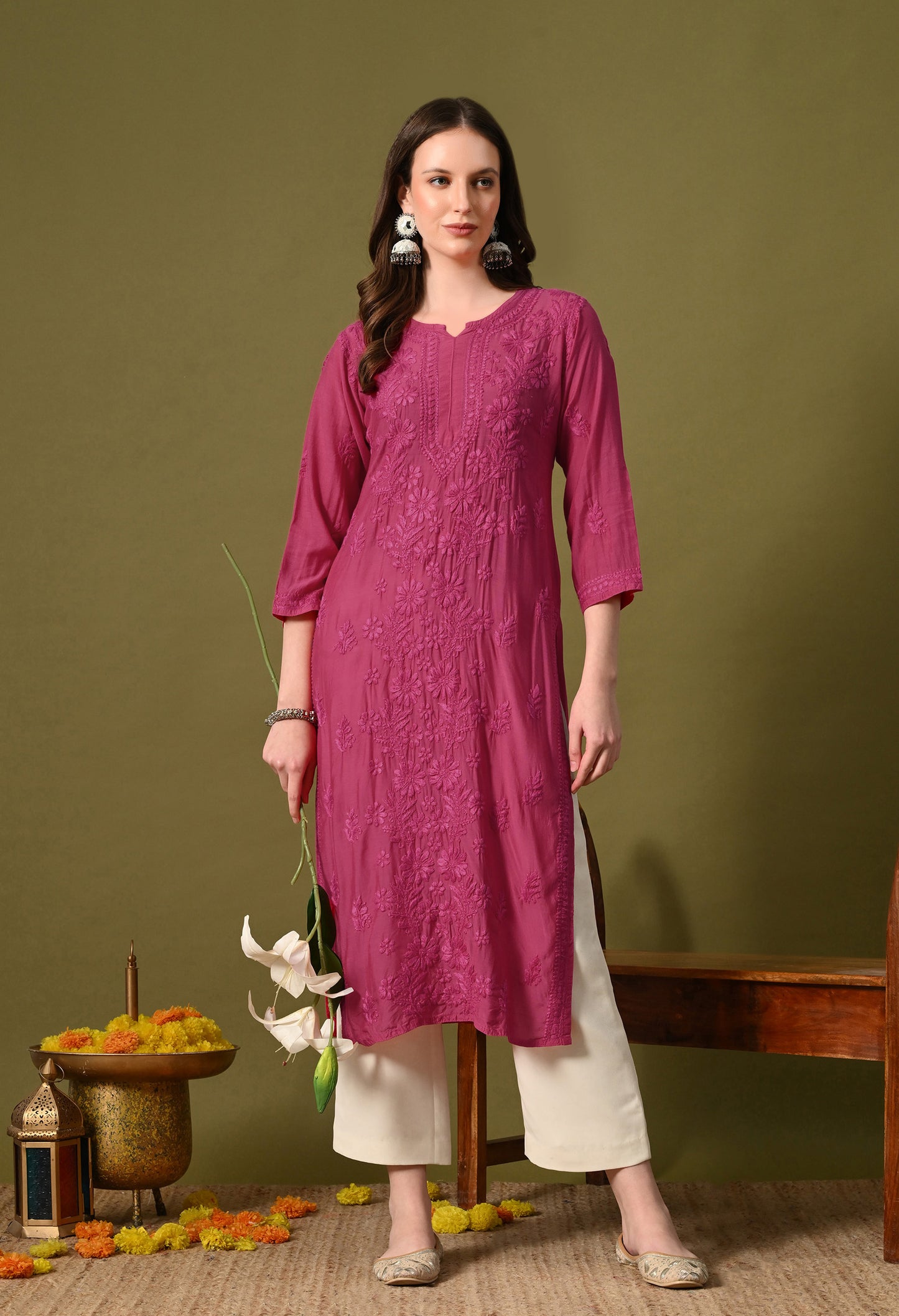 Muslin long chikankari kurti