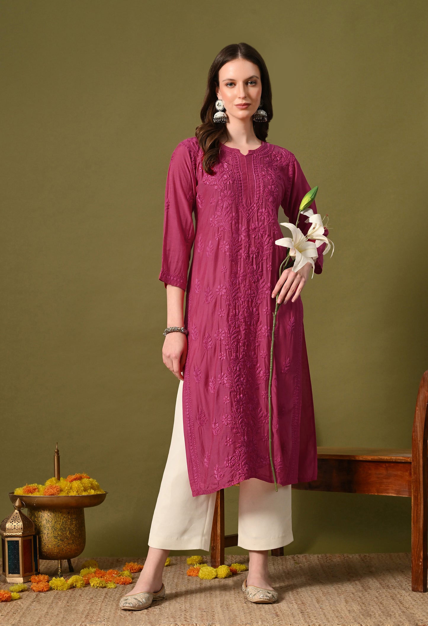 Muslin long chikankari kurti