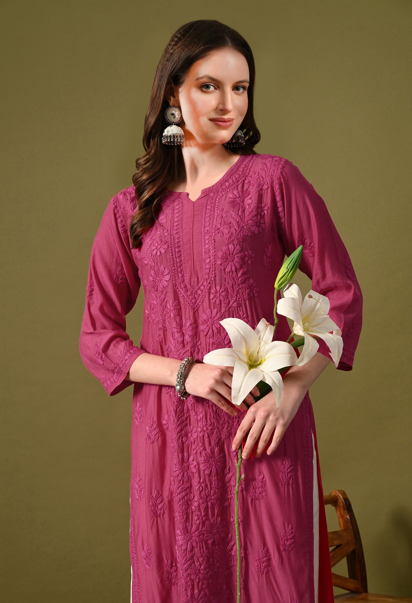 Muslin long chikankari kurti