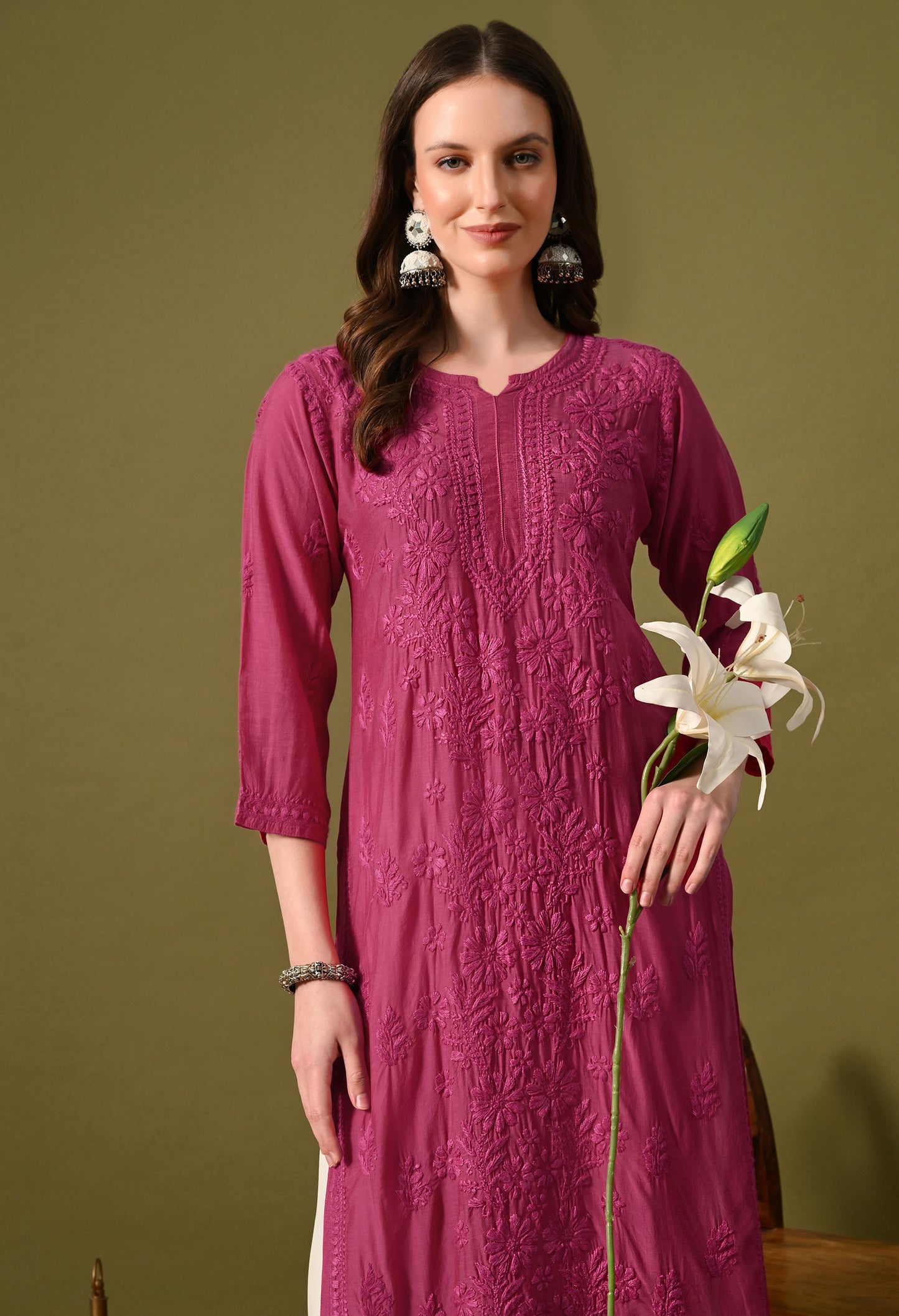 Muslin long chikankari kurti