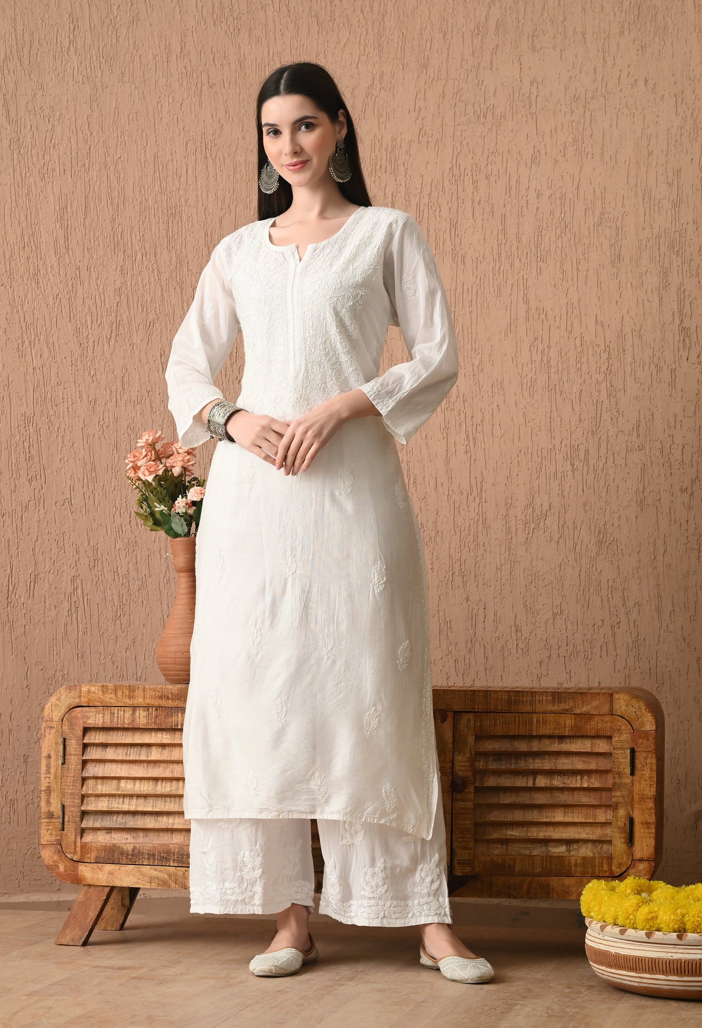 Rumi White Chanderi silk Chikankari kurti