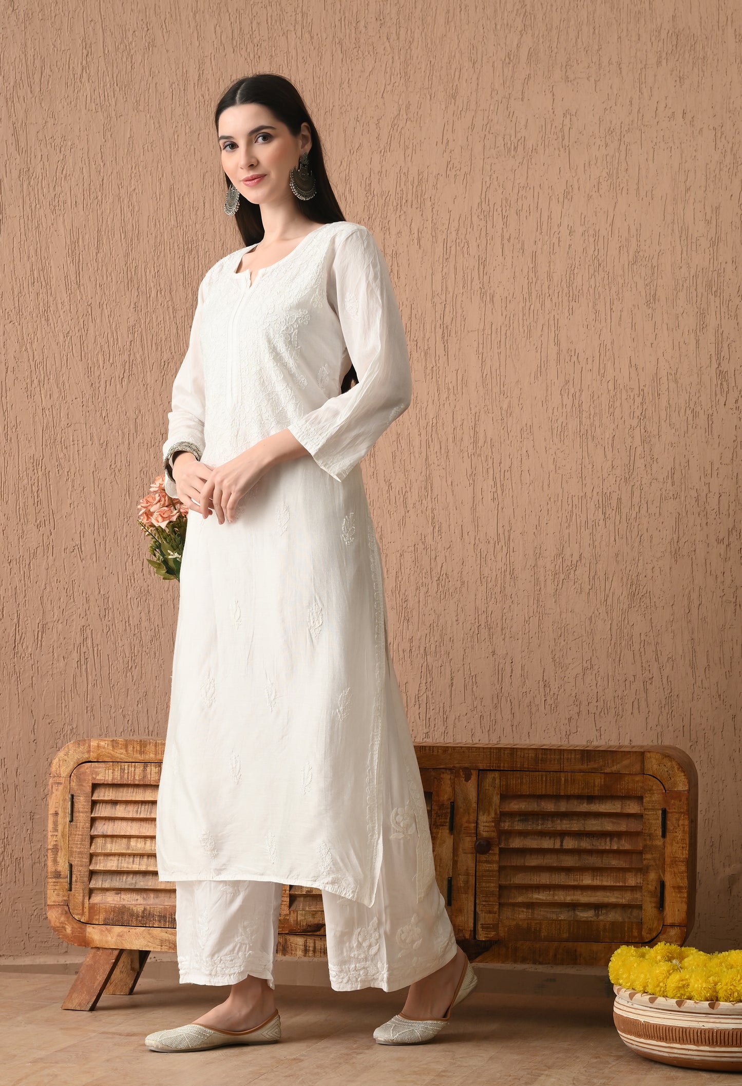 Rumi White Chanderi silk Chikankari kurti