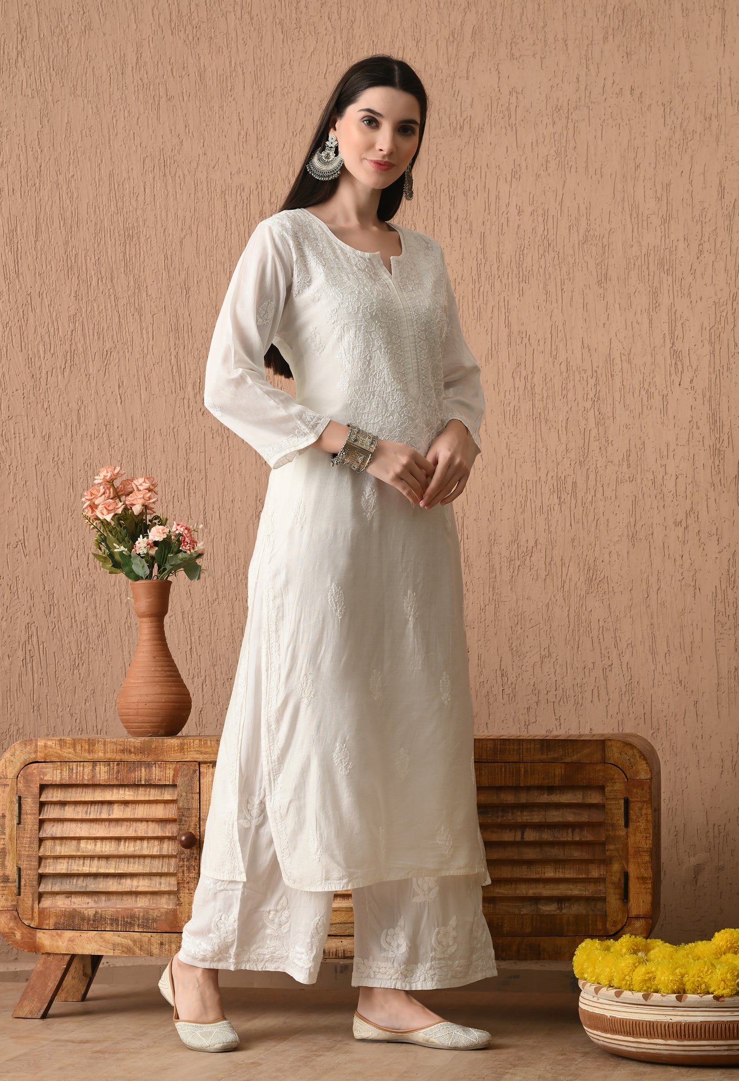 Rumi White Chanderi silk Chikankari kurti