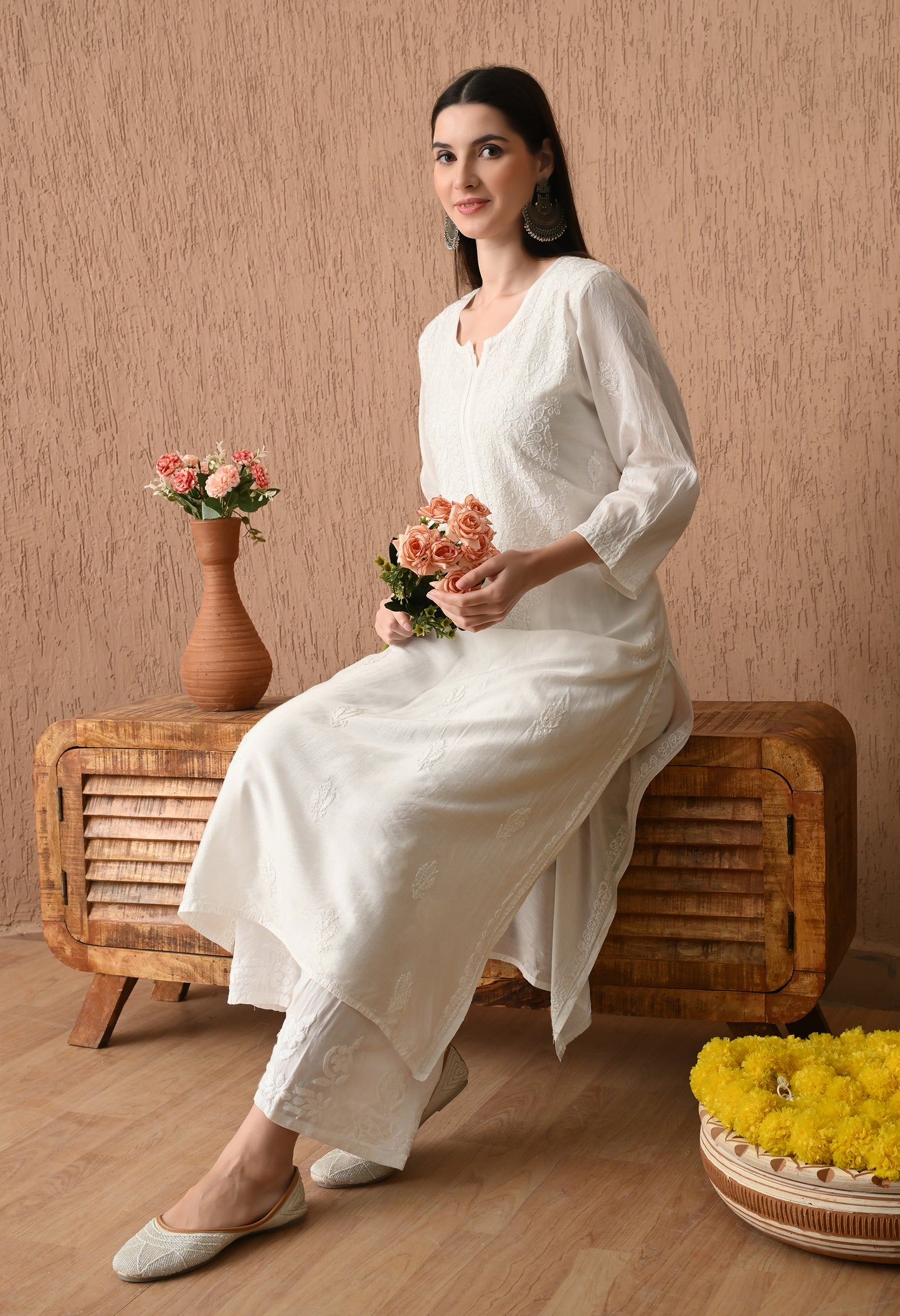 Rumi White Chanderi silk Chikankari kurti