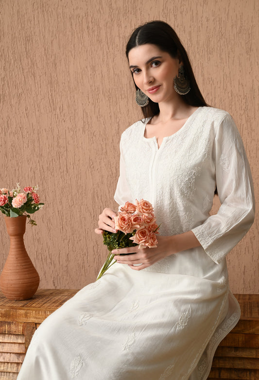 Rumi White Chanderi silk Chikankari kurti