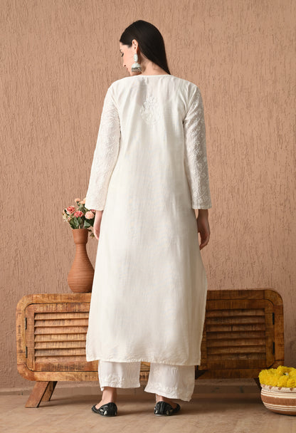 White Chanderi Silk Kurti and Palazzo set