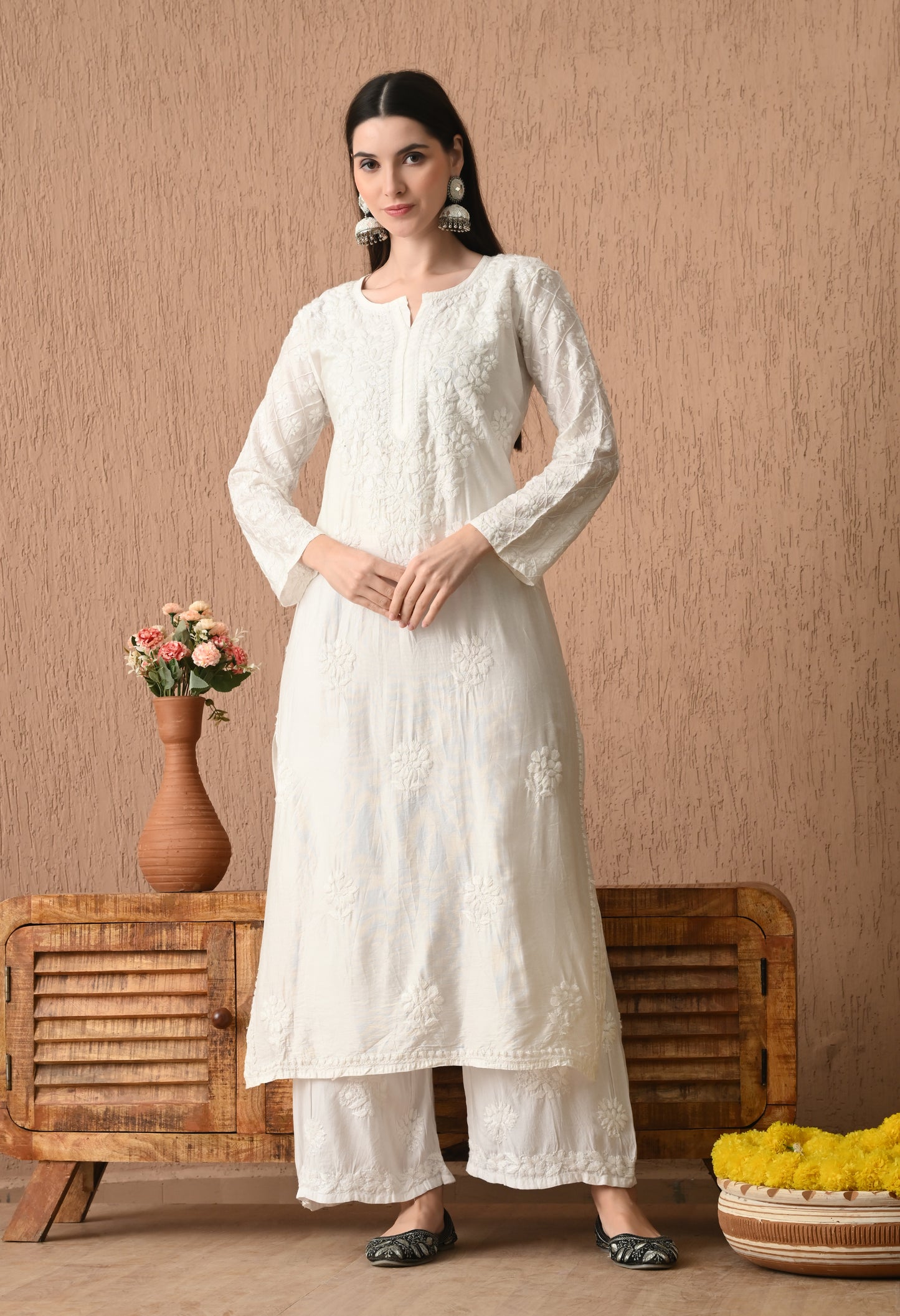 White Chanderi Silk Kurti and Palazzo set