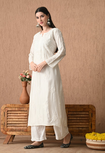 White Chanderi Silk Kurti and Palazzo set